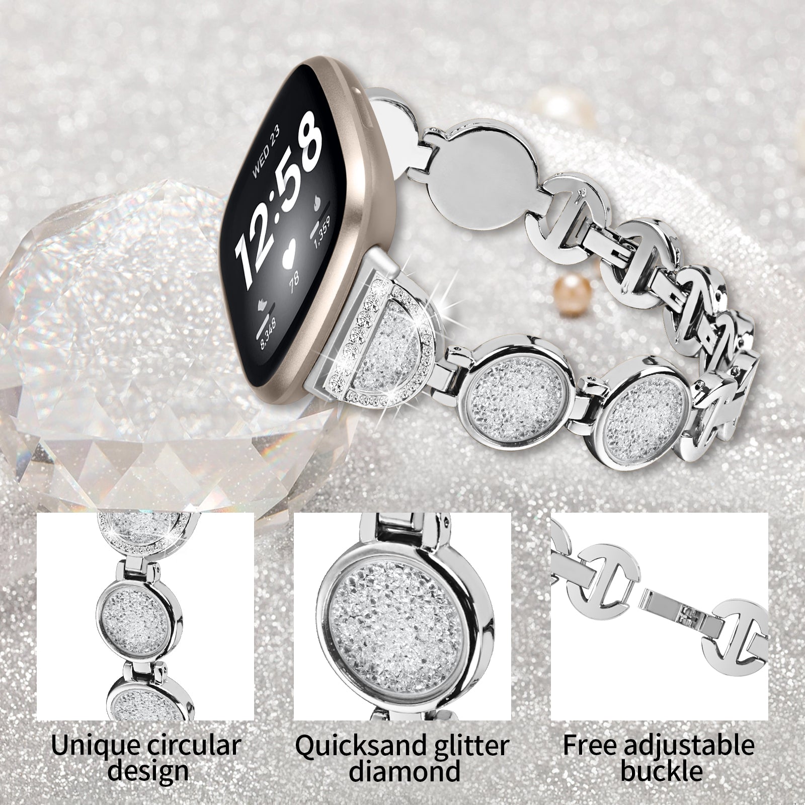 For Fitbit Versa 4 Sense 2 Quicksand Watch Strap Rhinestone Decorated Metal Watch Band