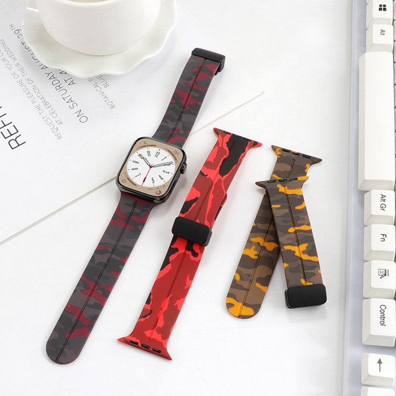 For Apple Watch Ultra Ultra 2 49mm Series 9 8 7 45mm 6 5 4 SE SE (2022) (2023) 44mm 3 2 1 42mm Camouflage Silicone Watch Band Magnetic Buckle Strap