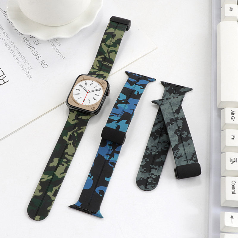 For Apple Watch Ultra Ultra 2 49mm Series 9 8 7 45mm 6 5 4 SE SE (2022) (2023) 44mm 3 2 1 42mm Camouflage Silicone Watch Band Magnetic Buckle Strap