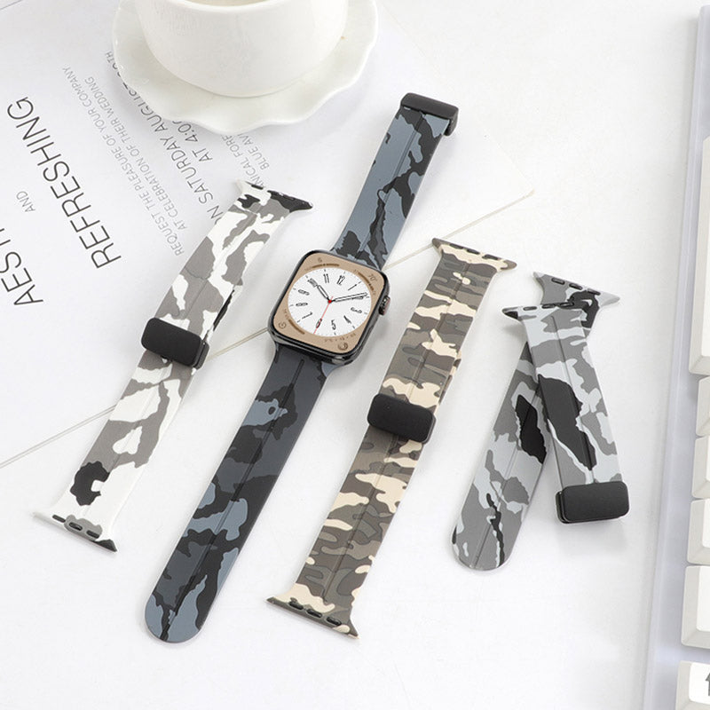 For Apple Watch Ultra Ultra 2 49mm Series 9 8 7 45mm 6 5 4 SE SE (2022) (2023) 44mm 3 2 1 42mm Camouflage Silicone Watch Band Magnetic Buckle Strap