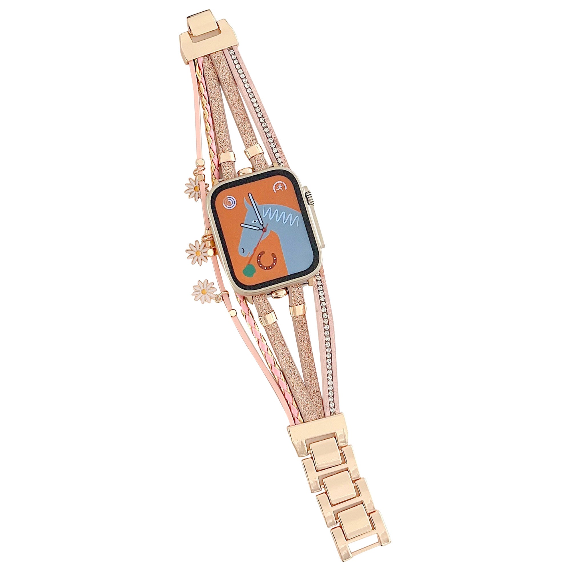 For Apple Watch Ultra Ultra 2 49mm Series 9 8 7 45mm 6 5 4 SE SE (2022) (2023) 44mm 3 2 1 42mm Metal Leather Strap Flower Pendant Bracelet Watch Band