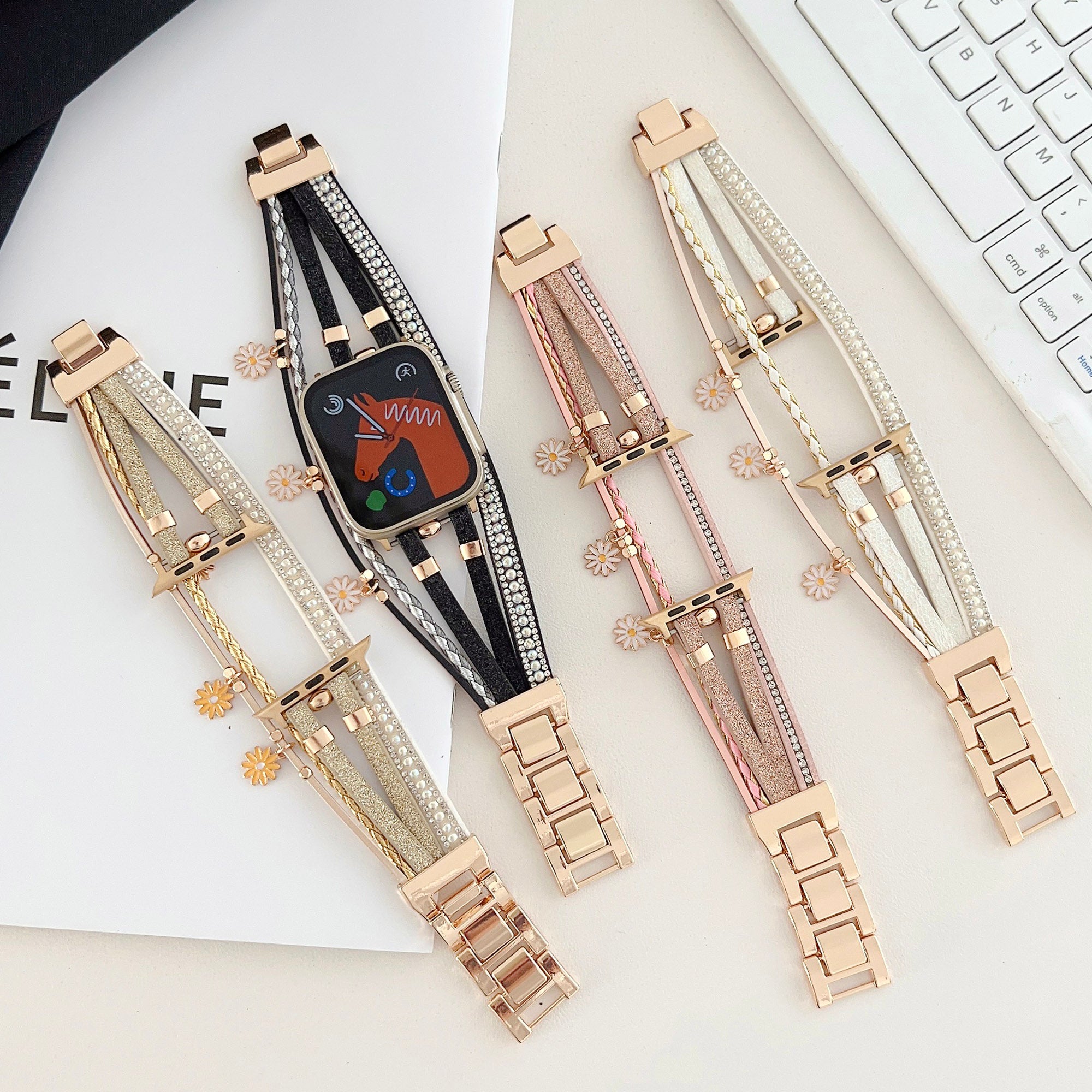For Apple Watch Ultra Ultra 2 49mm Series 9 8 7 45mm 6 5 4 SE SE (2022) (2023) 44mm 3 2 1 42mm Metal Leather Strap Flower Pendant Bracelet Watch Band