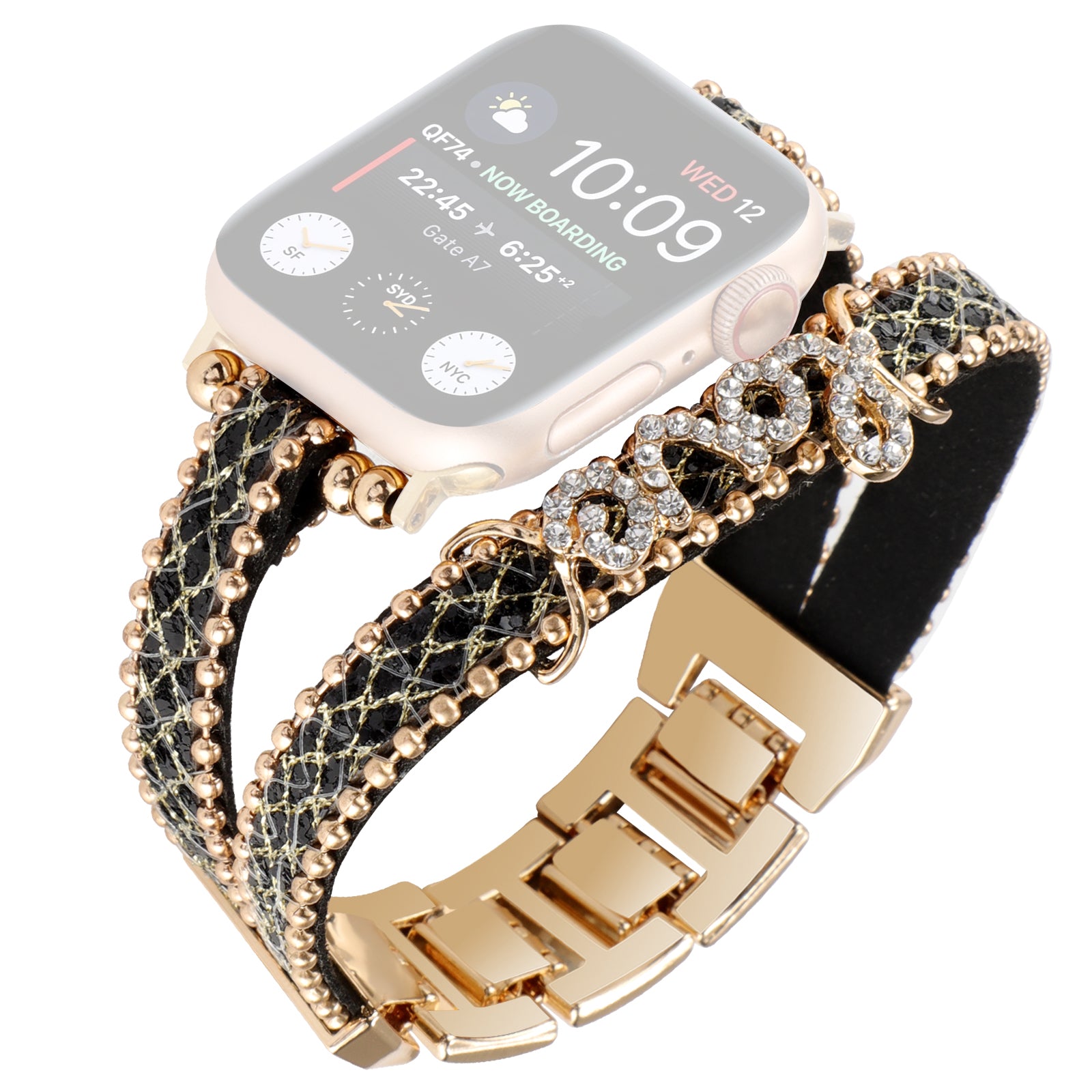 For Apple Watch Series 9 8 7 41mm 6 5 4 SE (2023) SE (2022) SE 40mm 3 2 1 38mm Leather Metal Watch Strap with Rhinestone