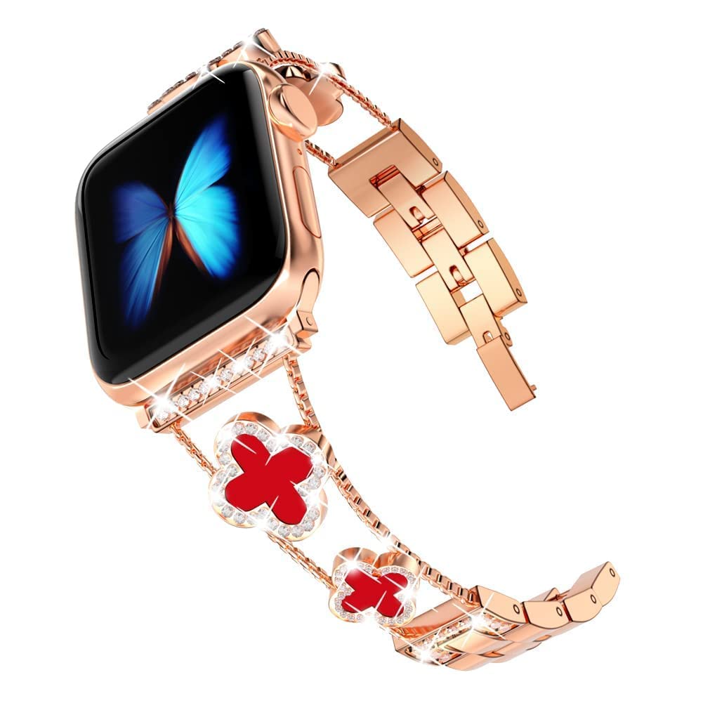 Metal Watch Band for Apple Watch Ultra Ultra 2 49mm Series 9 8 7 45mm Series 6 5 4 SE (2022) (2023) SE 44mm Series 3 2 1 42mm Rhinestone Decor Clover Bracelet Strap