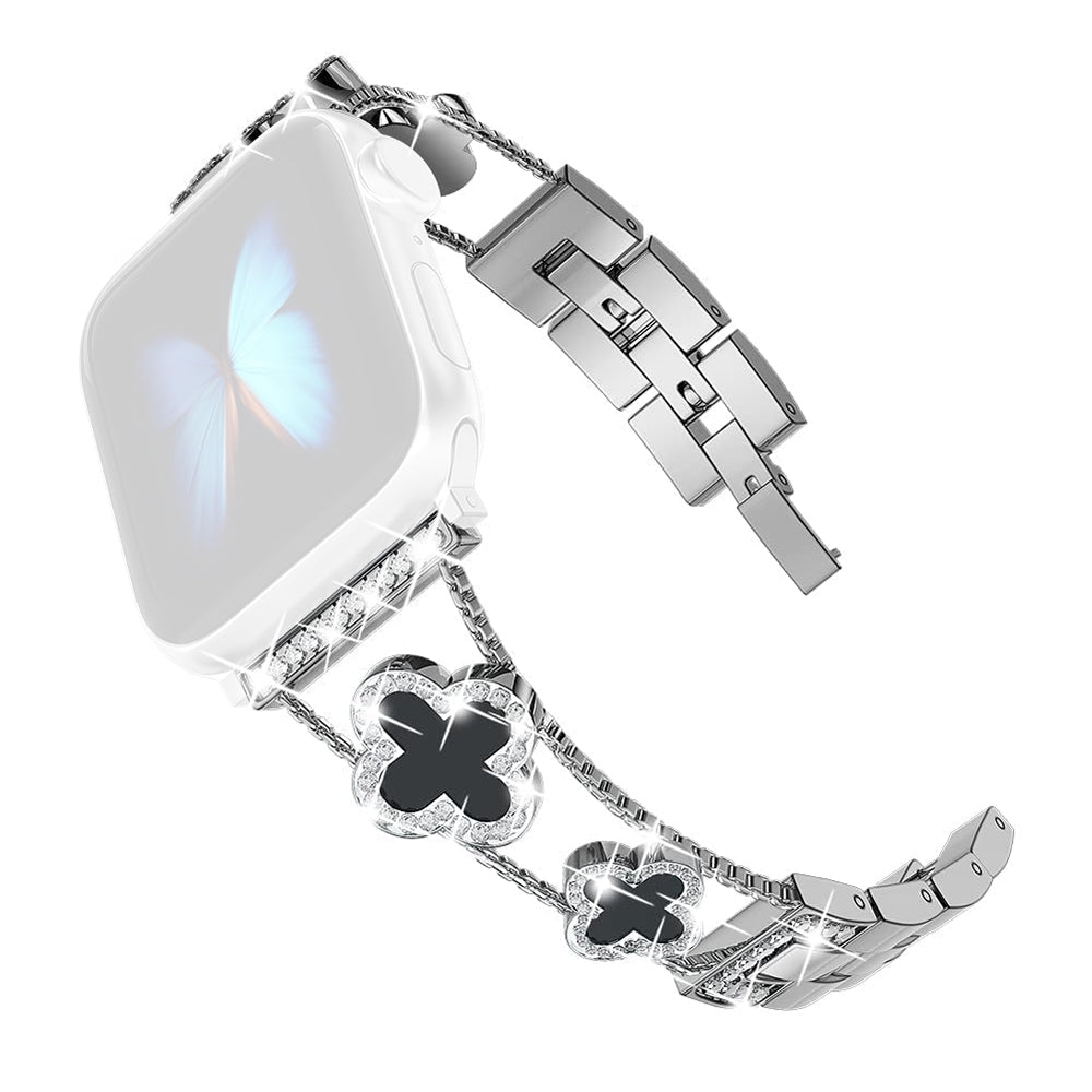 Metal Watch Band for Apple Watch Ultra Ultra 2 49mm Series 9 8 7 45mm Series 6 5 4 SE (2022) (2023) SE 44mm Series 3 2 1 42mm Rhinestone Decor Clover Bracelet Strap