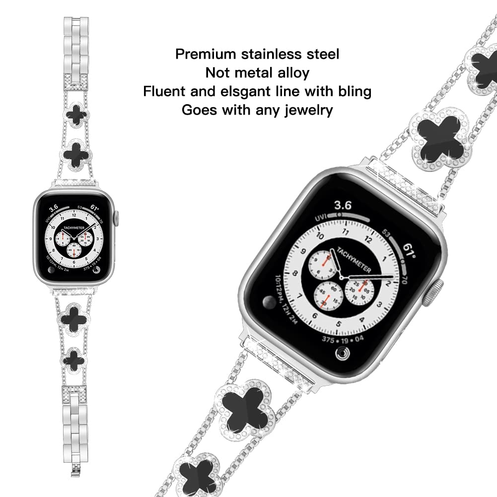 Metal Watch Band for Apple Watch Ultra Ultra 2 49mm Series 9 8 7 45mm Series 6 5 4 SE (2022) (2023) SE 44mm Series 3 2 1 42mm Rhinestone Decor Clover Bracelet Strap