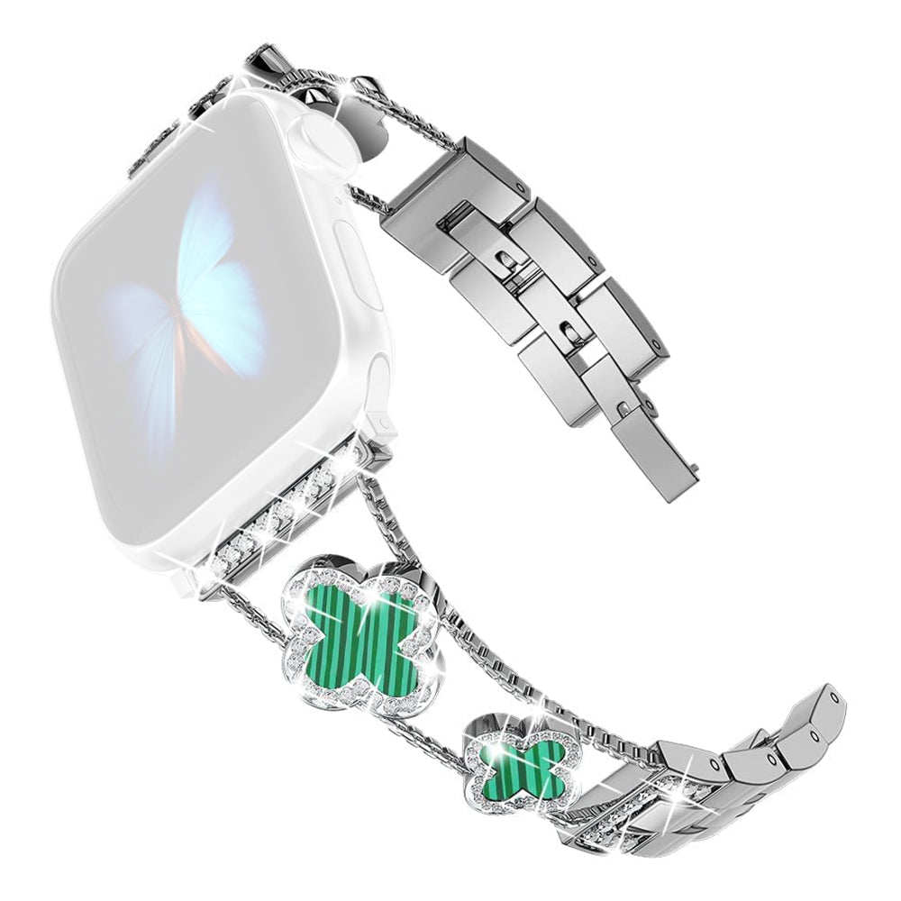 Metal Watch Band for Apple Watch Ultra Ultra 2 49mm Series 9 8 7 45mm Series 6 5 4 SE (2022) (2023) SE 44mm Series 3 2 1 42mm Rhinestone Decor Clover Bracelet Strap