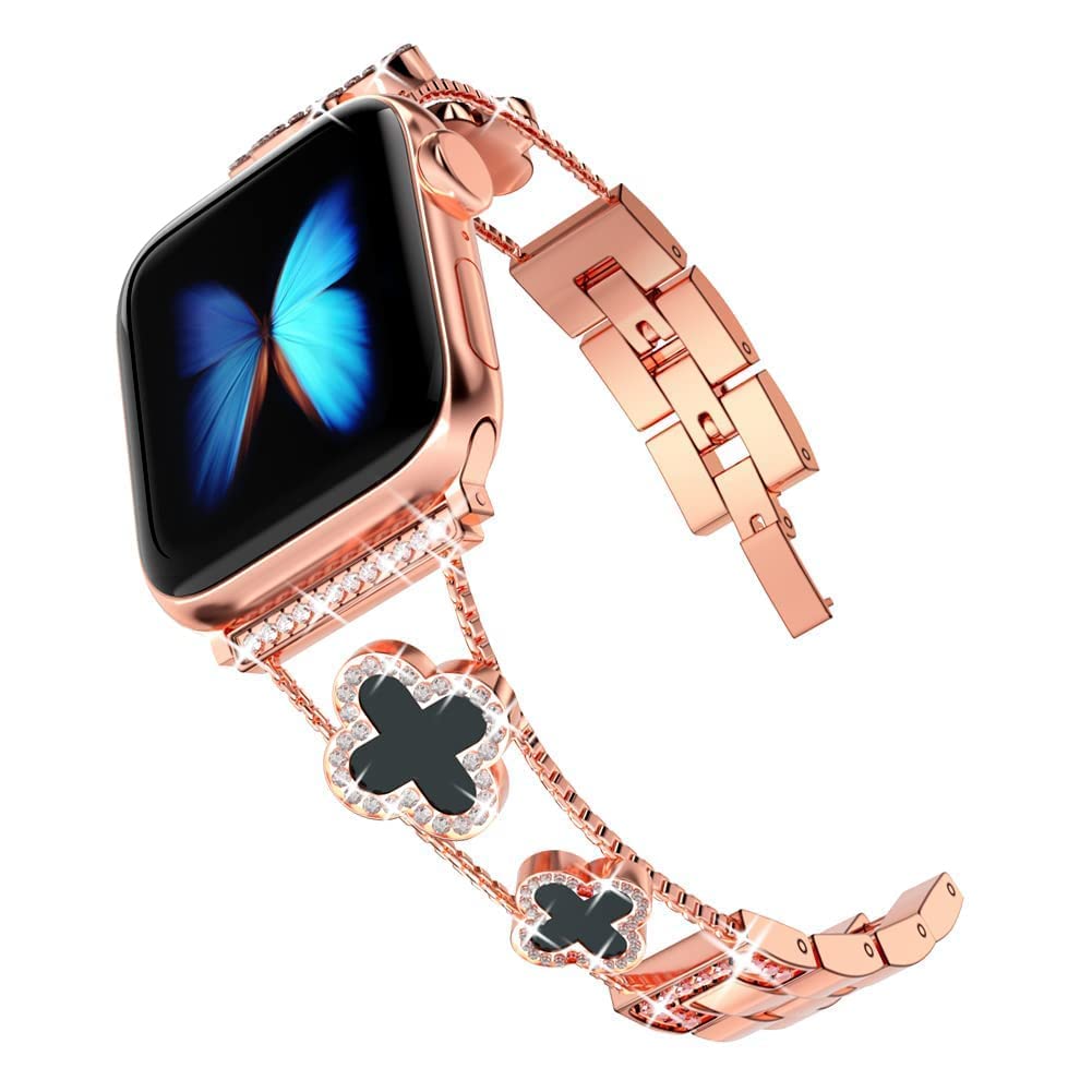 For Apple Watch 9 8 7 41mm 6 SE SE (2022) SE (2023) 5 4 40mm 3 2 1 38mm Rhinestone Decor Clover Metal Bracelet Watch Strap
