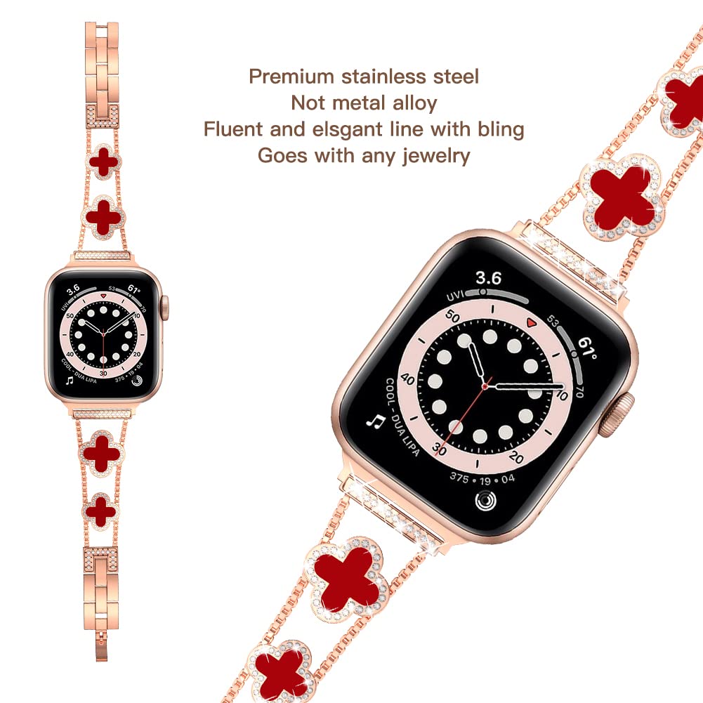 For Apple Watch 9 8 7 41mm 6 SE SE (2022) SE (2023) 5 4 40mm 3 2 1 38mm Rhinestone Decor Clover Metal Bracelet Watch Strap