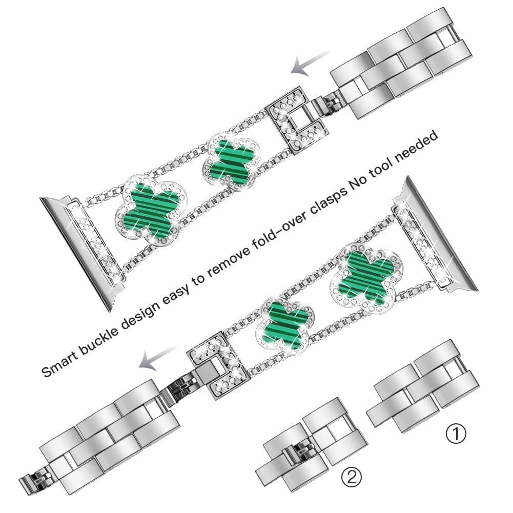 For Apple Watch 9 8 7 41mm 6 SE SE (2022) SE (2023) 5 4 40mm 3 2 1 38mm Rhinestone Decor Clover Metal Bracelet Watch Strap