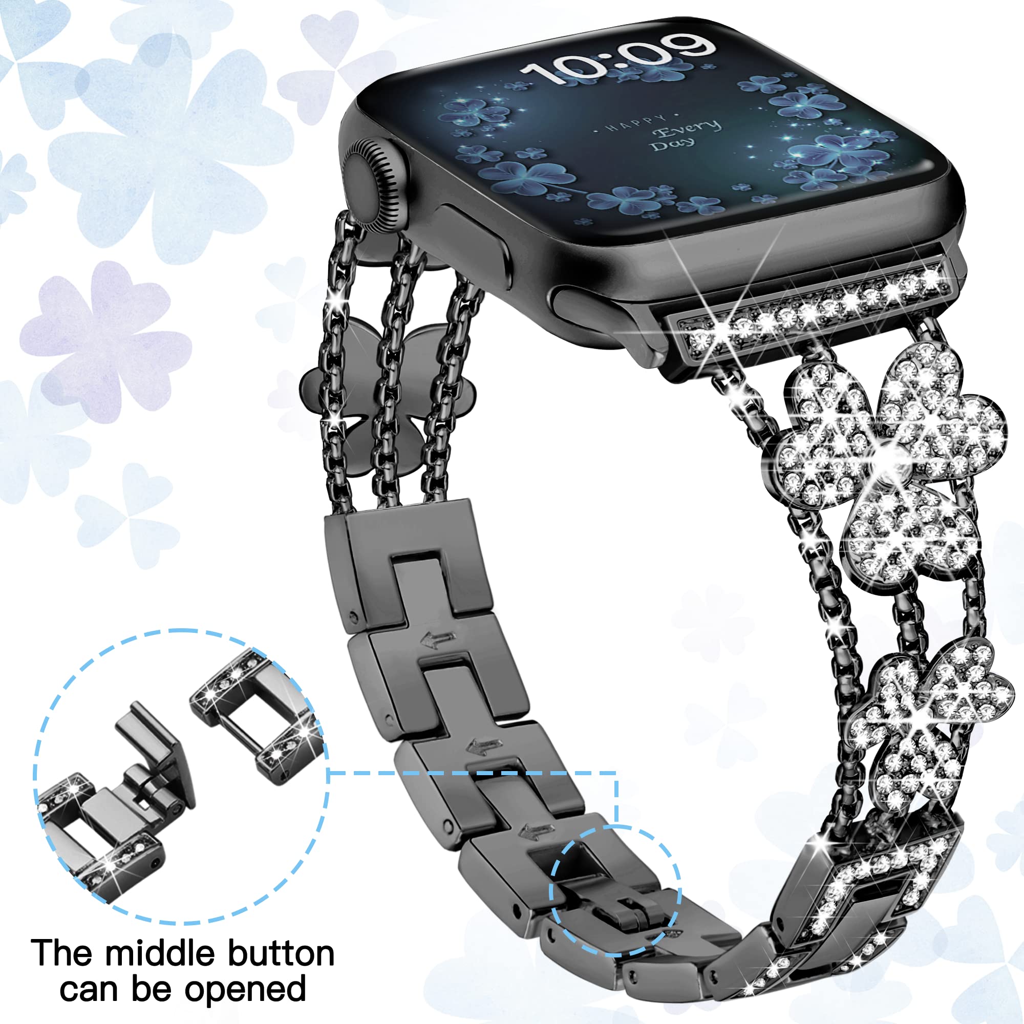 For Apple Watch Series 9 8 7 41mm 6 5 4 SE SE (2022) SE (2023) 40mm 3 2 1 38mm Metal Strap Rhinestone Watch Band