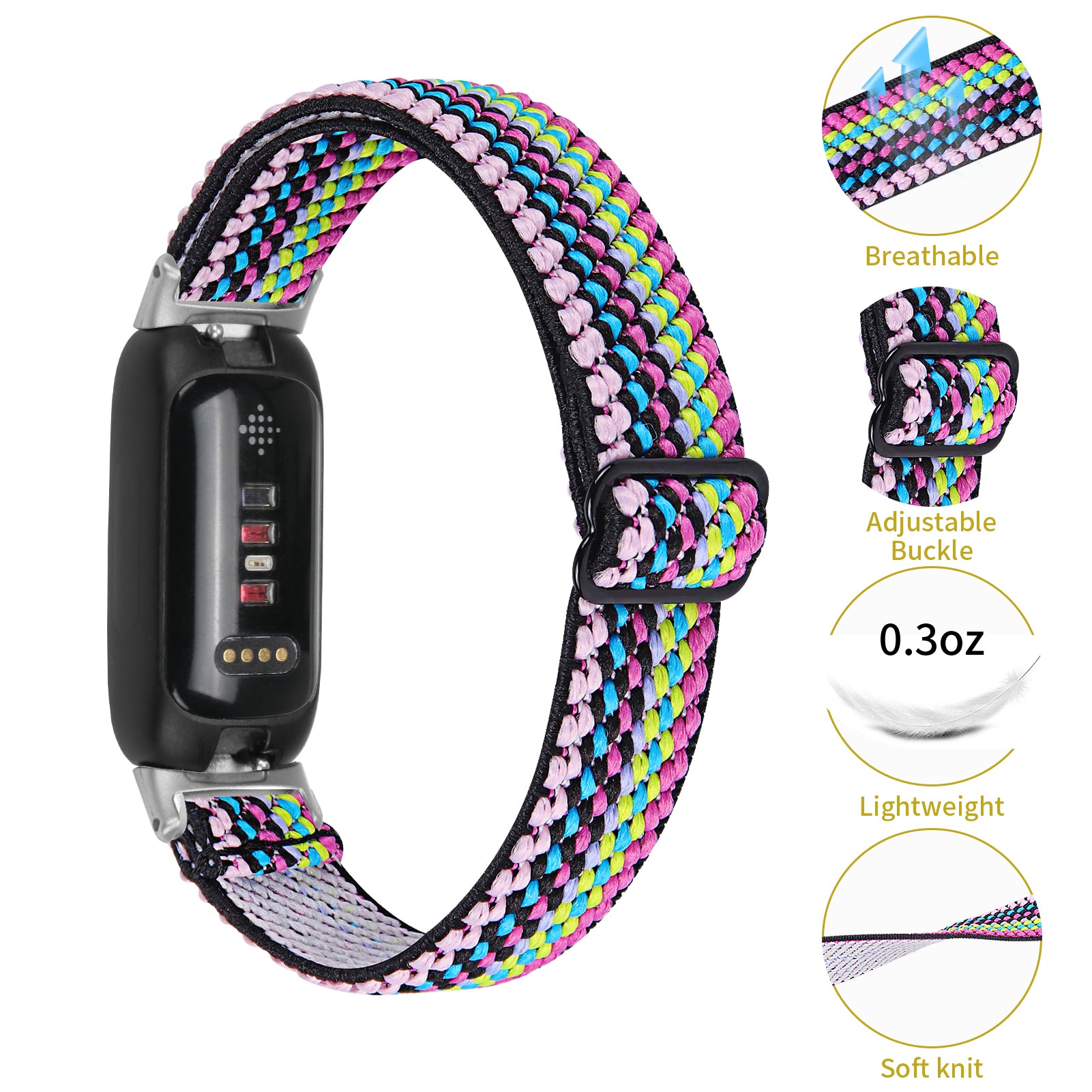 For Fitbit Inspire 3 Stretchy Nylon Watch Band Braided Sport Elastic Adjustable Strap with Silver Connector