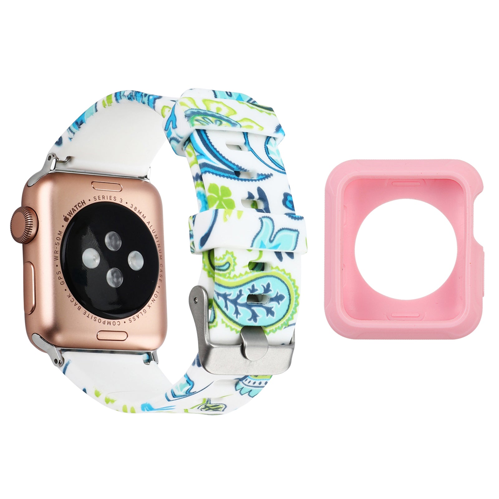 For Apple Watch Series 1 2 3 42mm Silicone Watch Band Pattern Printing Watch Strap with Pink TPU Case