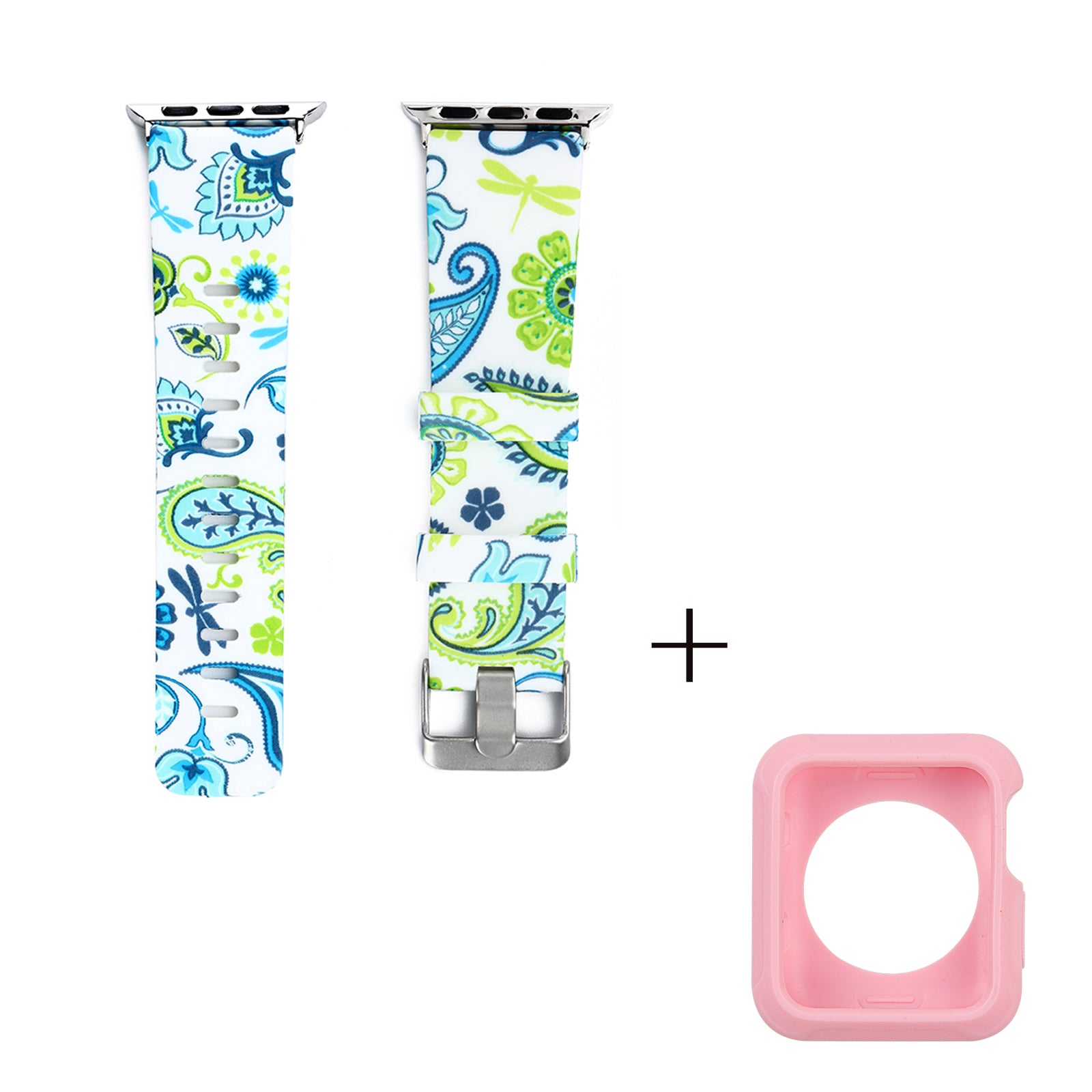 For Apple Watch Series 1 2 3 42mm Silicone Watch Band Pattern Printing Watch Strap with Pink TPU Case