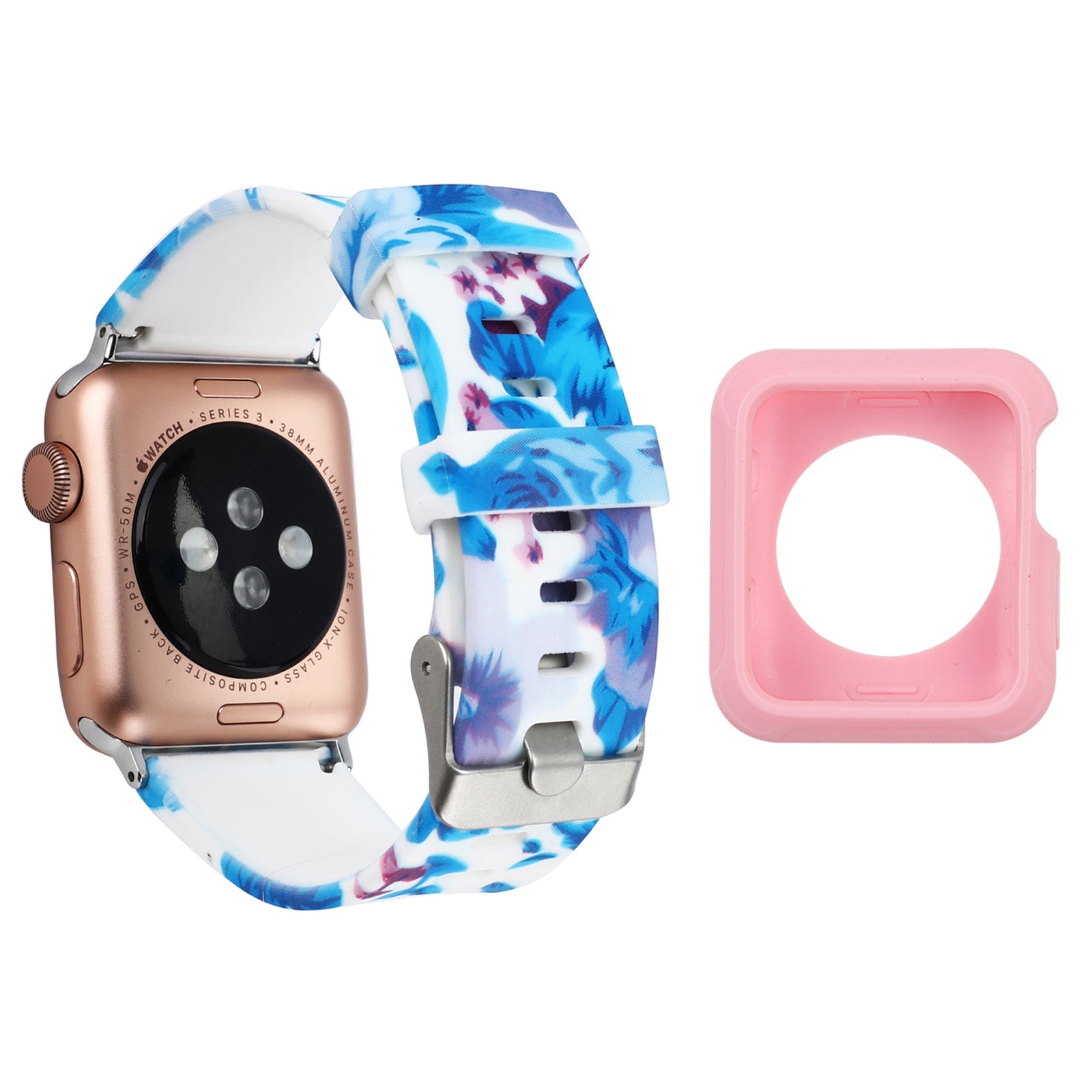 For Apple Watch Series 1 2 3 42mm Silicone Watch Band Pattern Printing Watch Strap with Pink TPU Case