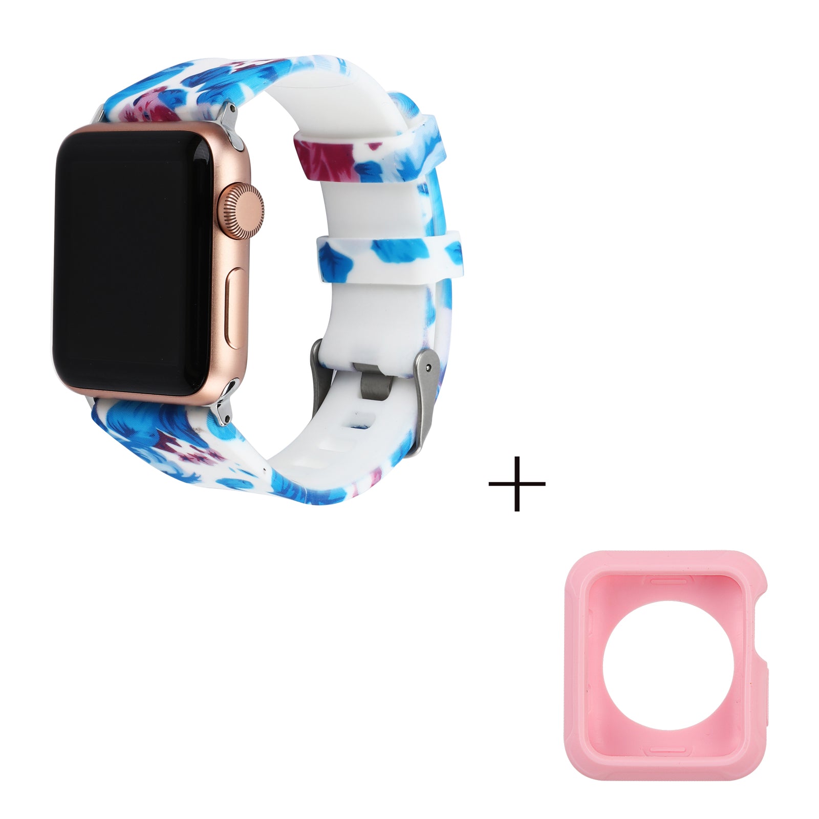 For Apple Watch Series 1 2 3 42mm Silicone Watch Band Pattern Printing Watch Strap with Pink TPU Case