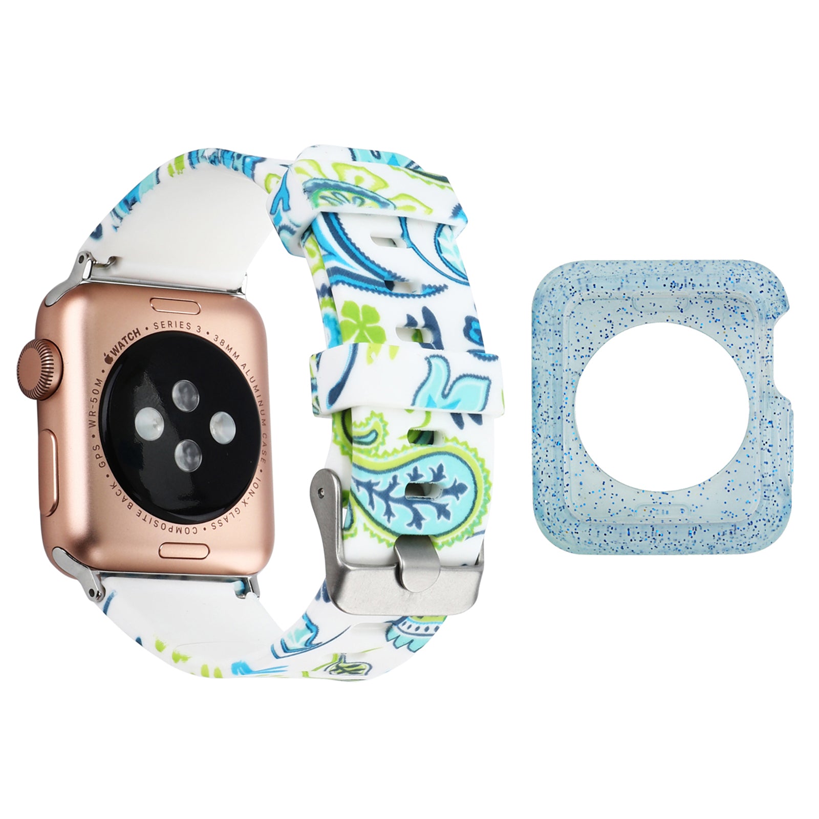 For Apple Watch Series 1 2 3 38mm Pattern Printing Wrist Band Replacement Silicone Strap with Blue TPU Case