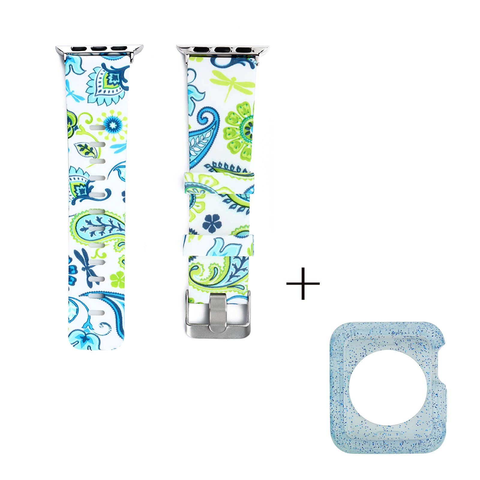 For Apple Watch Series 1 2 3 38mm Pattern Printing Wrist Band Replacement Silicone Strap with Blue TPU Case