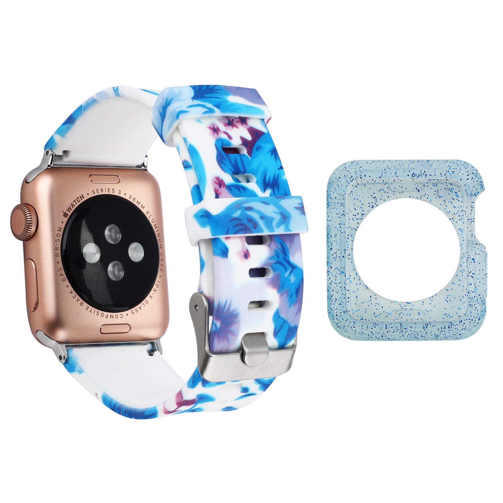 For Apple Watch Series 1 2 3 38mm Pattern Printing Wrist Band Replacement Silicone Strap with Blue TPU Case