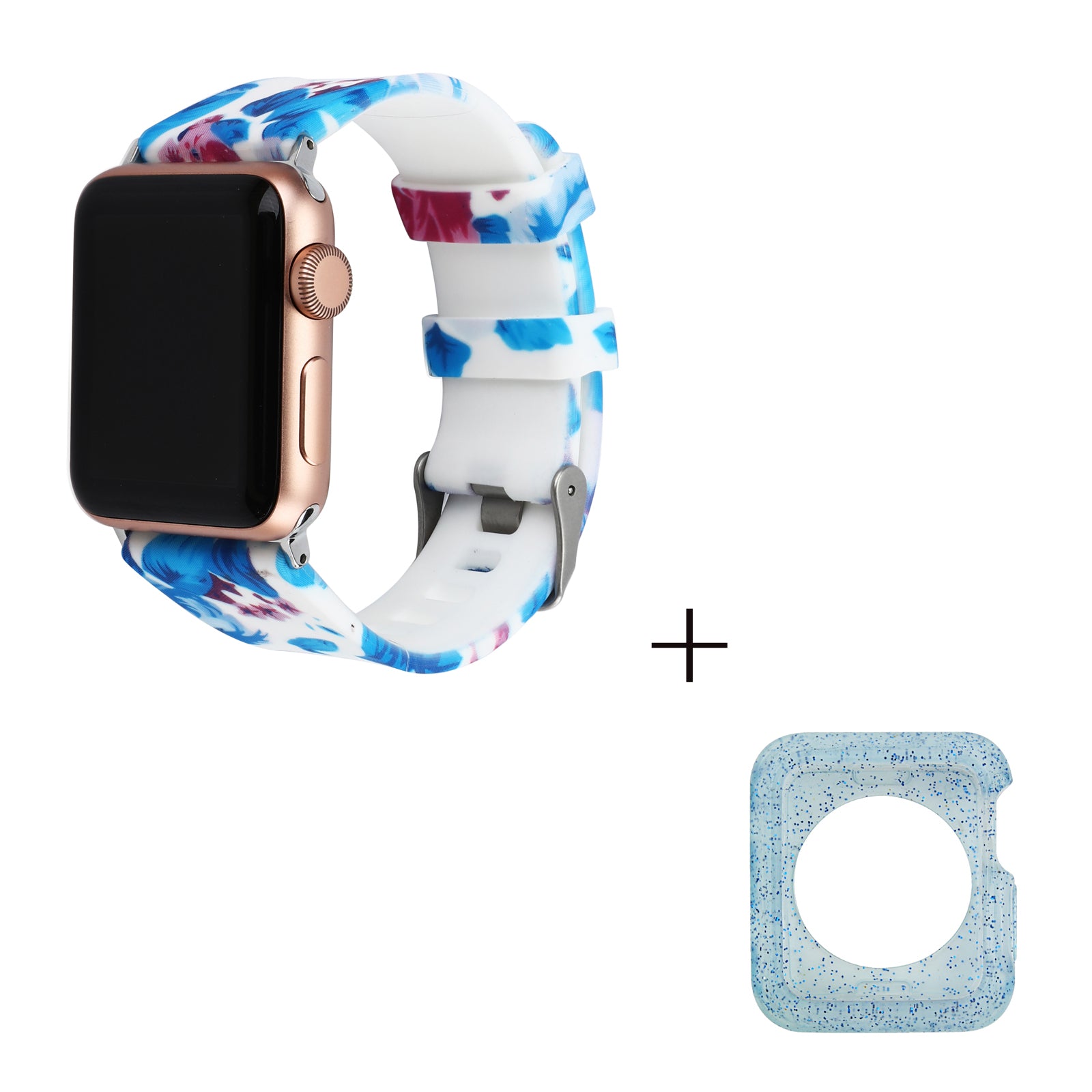 For Apple Watch Series 1 2 3 38mm Pattern Printing Wrist Band Replacement Silicone Strap with Blue TPU Case
