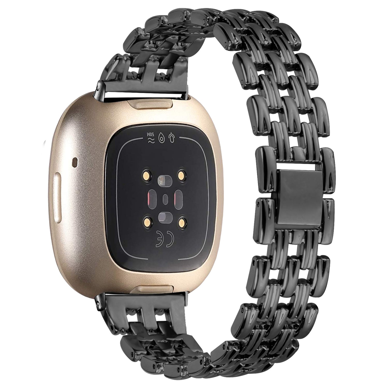For Fitbit Versa 4 Sense 2 Stainless Steel Replacement Strap Hollow 5 Beads Metal Watch Band