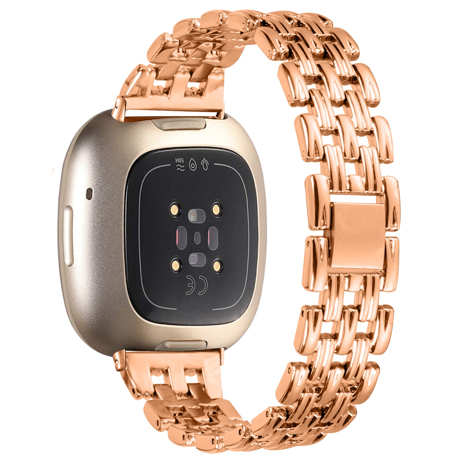 For Fitbit Versa 4 Sense 2 Stainless Steel Replacement Strap Hollow 5 Beads Metal Watch Band