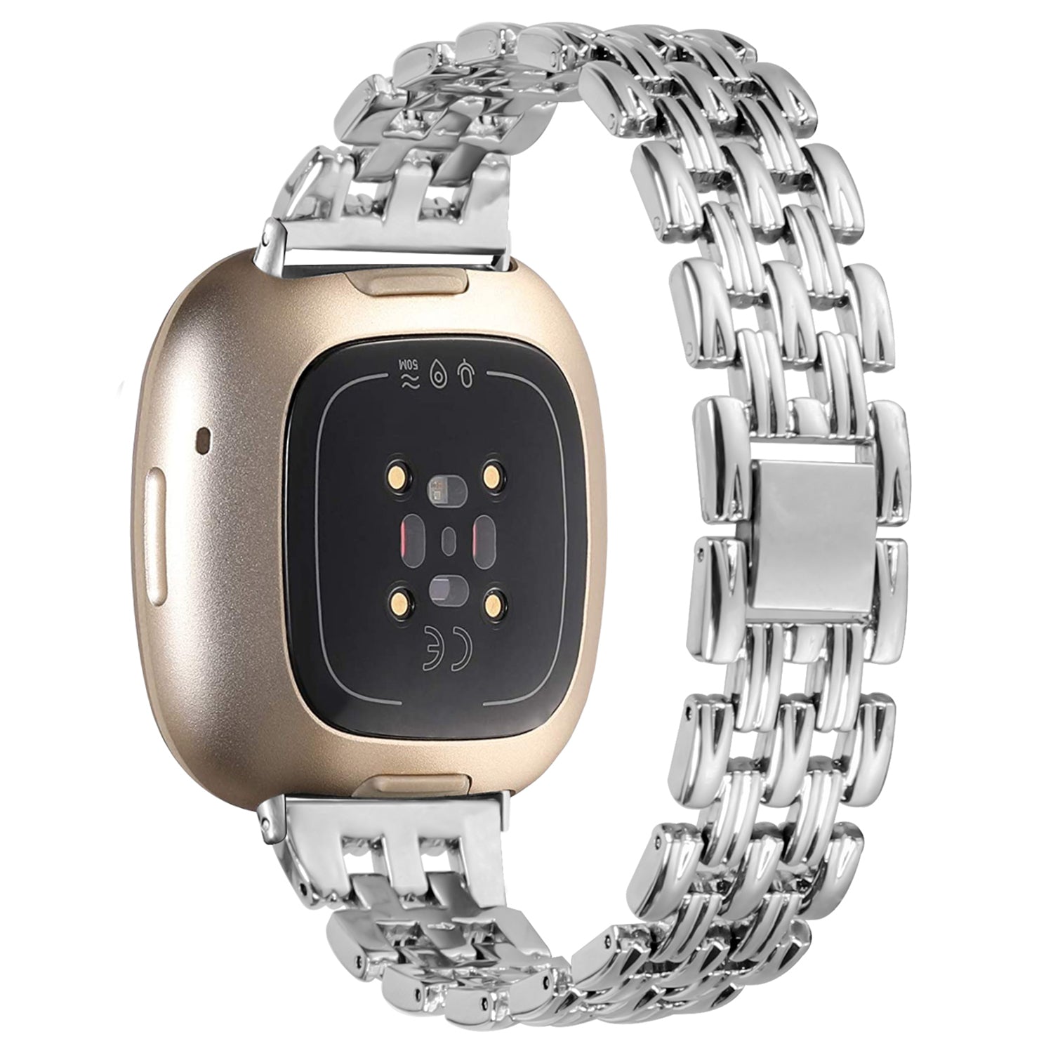 For Fitbit Versa 4 Sense 2 Stainless Steel Replacement Strap Hollow 5 Beads Metal Watch Band