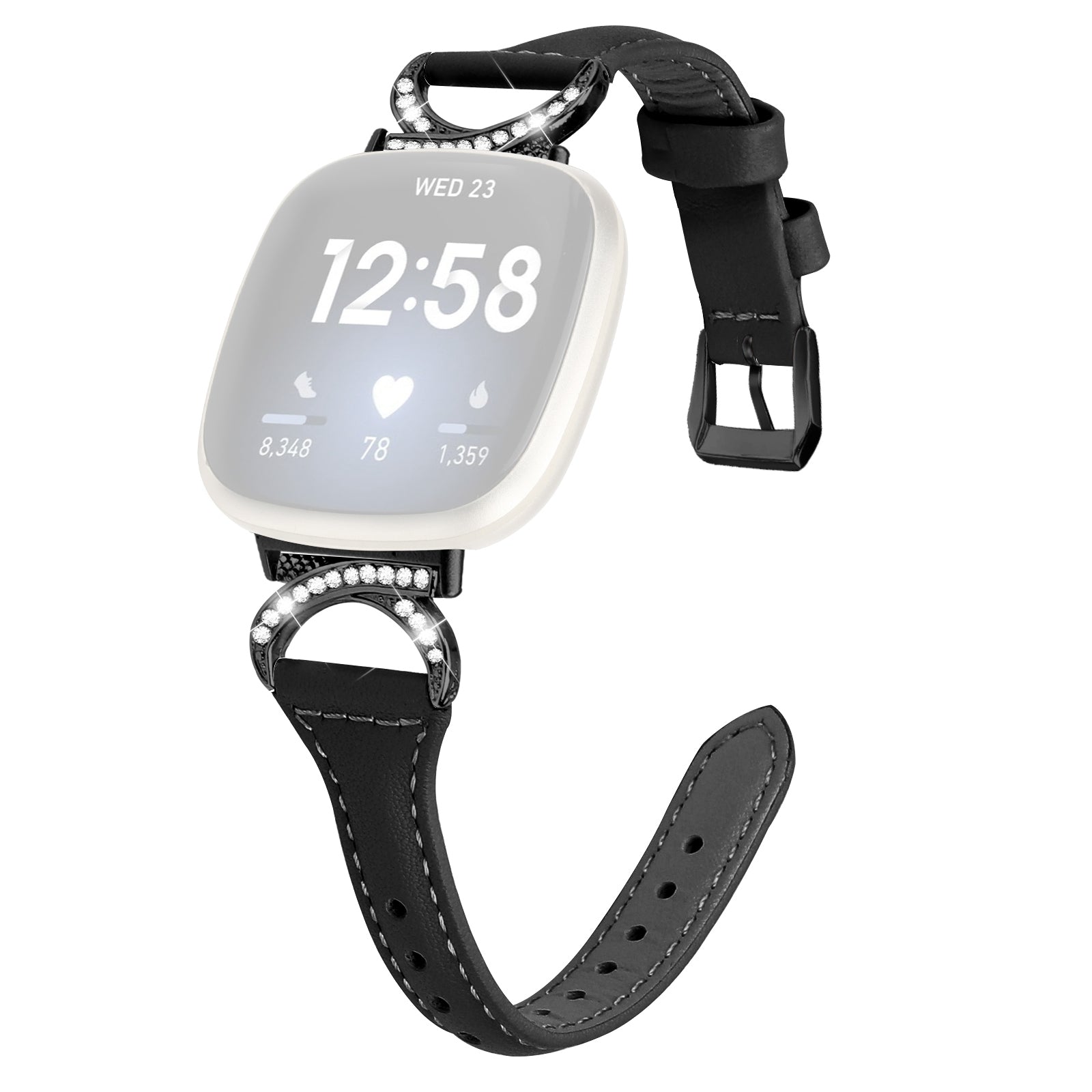 For Fitbit Versa 3 Versa 4 Sense Sense 2 Rhinestone Watch Strap Genuine Cowhide Leather Watch Band with Black Buckle