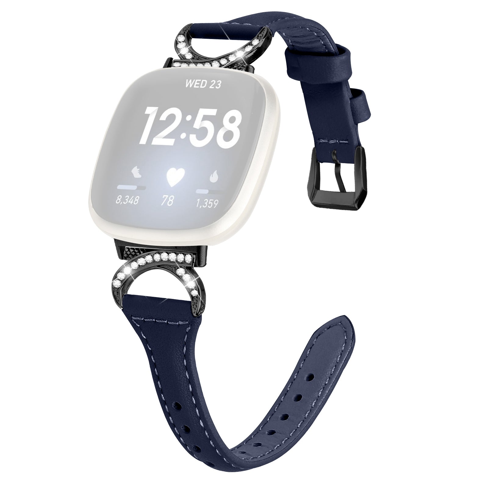 For Fitbit Versa 3 Versa 4 Sense Sense 2 Rhinestone Watch Strap Genuine Cowhide Leather Watch Band with Black Buckle