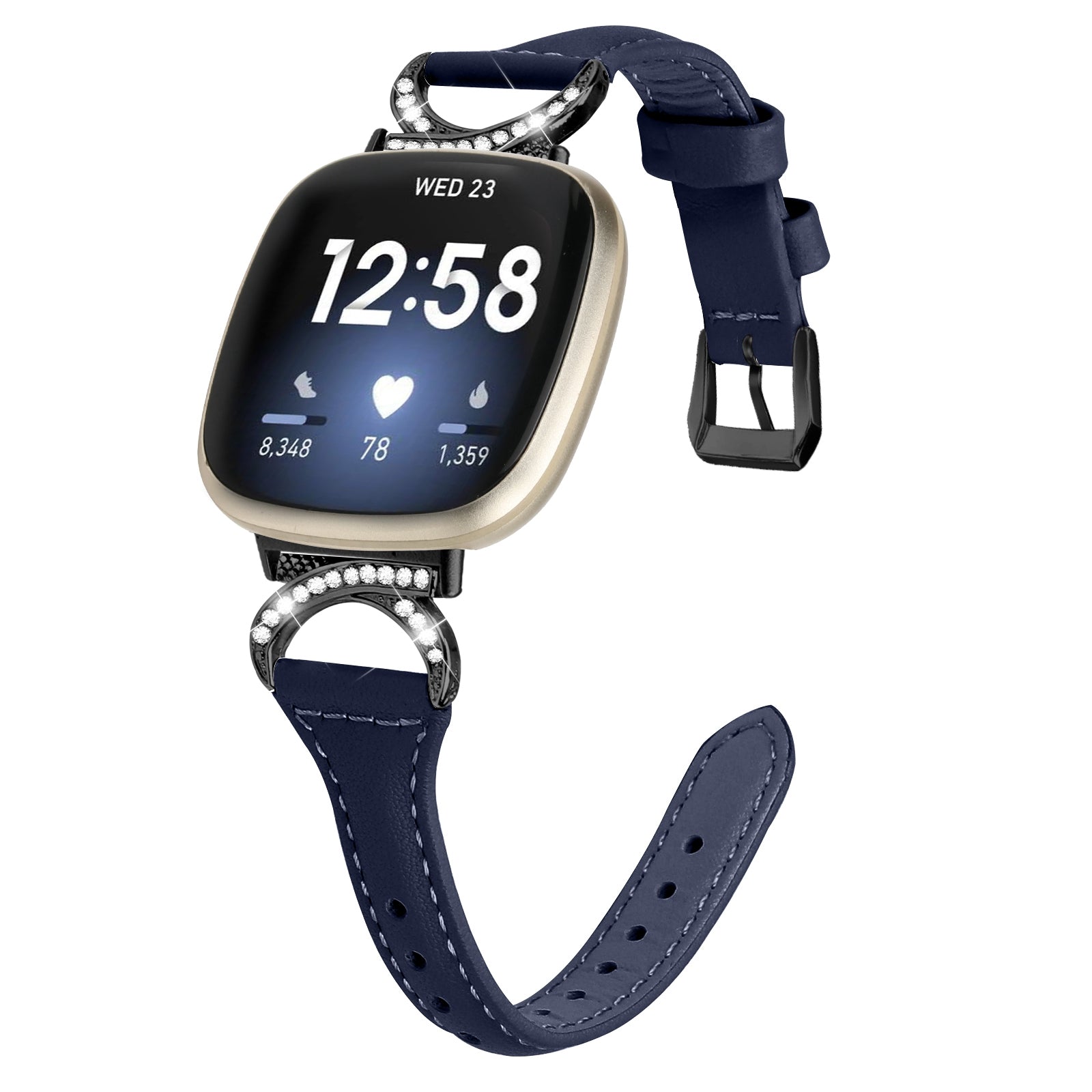 For Fitbit Versa 3 Versa 4 Sense Sense 2 Rhinestone Watch Strap Genuine Cowhide Leather Watch Band with Black Buckle