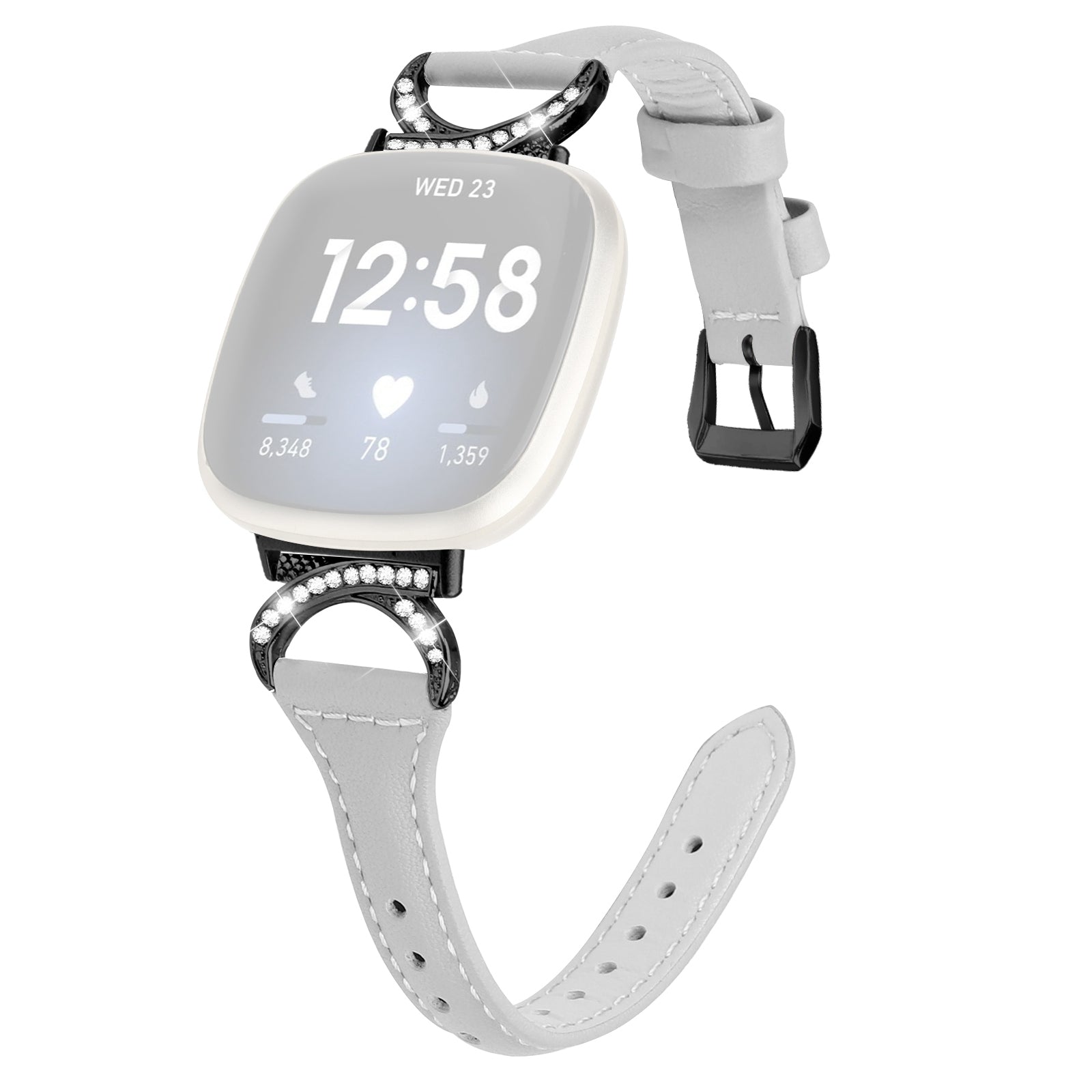 For Fitbit Versa 3 Versa 4 Sense Sense 2 Rhinestone Watch Strap Genuine Cowhide Leather Watch Band with Black Buckle