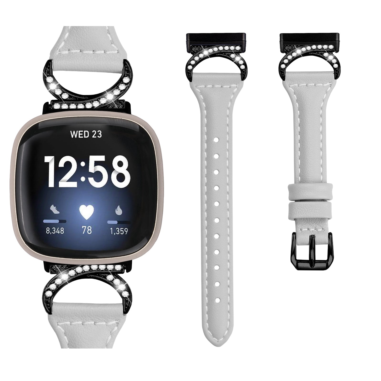For Fitbit Versa 3 Versa 4 Sense Sense 2 Rhinestone Watch Strap Genuine Cowhide Leather Watch Band with Black Buckle