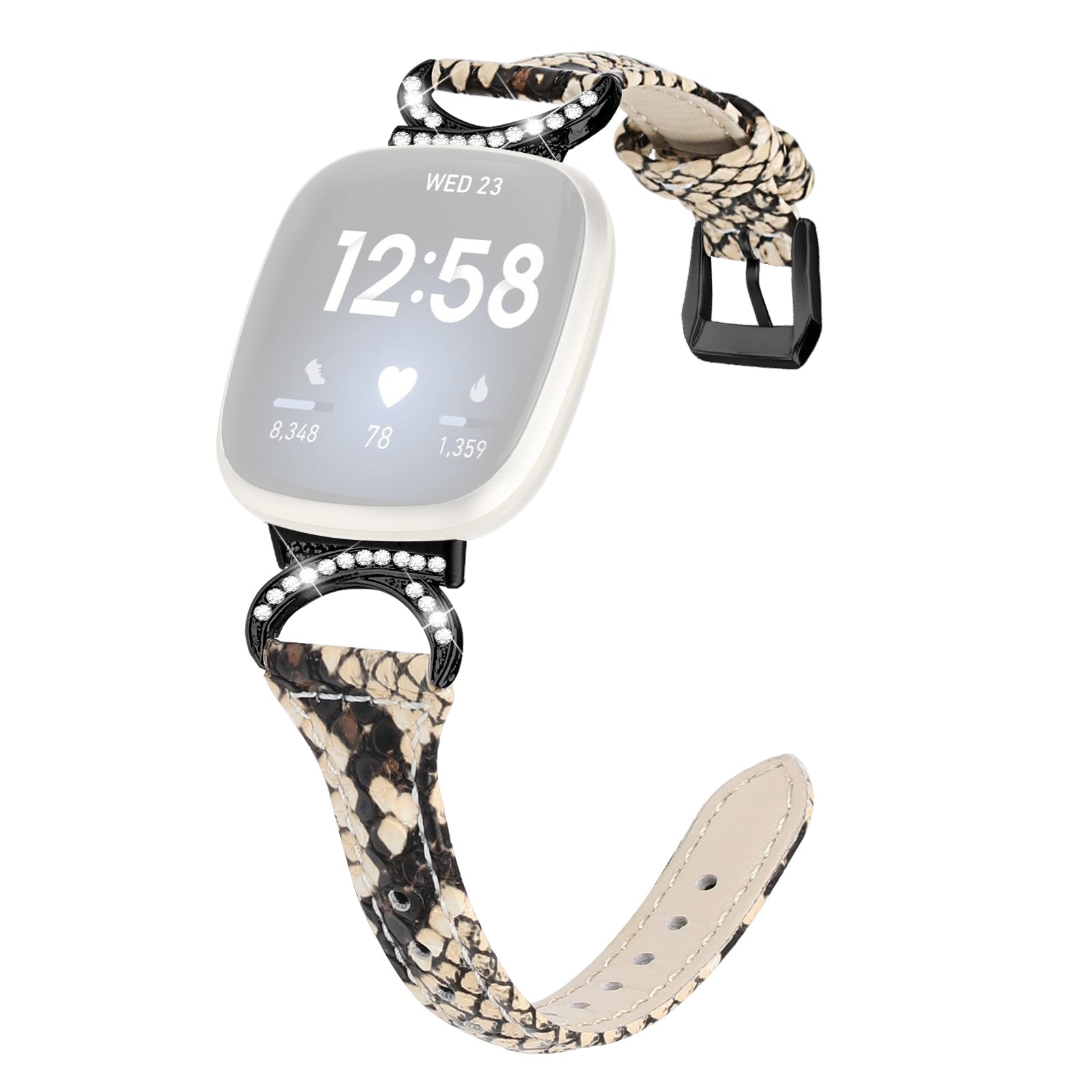 For Fitbit Versa 3 Versa 4 Sense Sense 2 Rhinestone Watch Strap Genuine Cowhide Leather Watch Band with Black Buckle