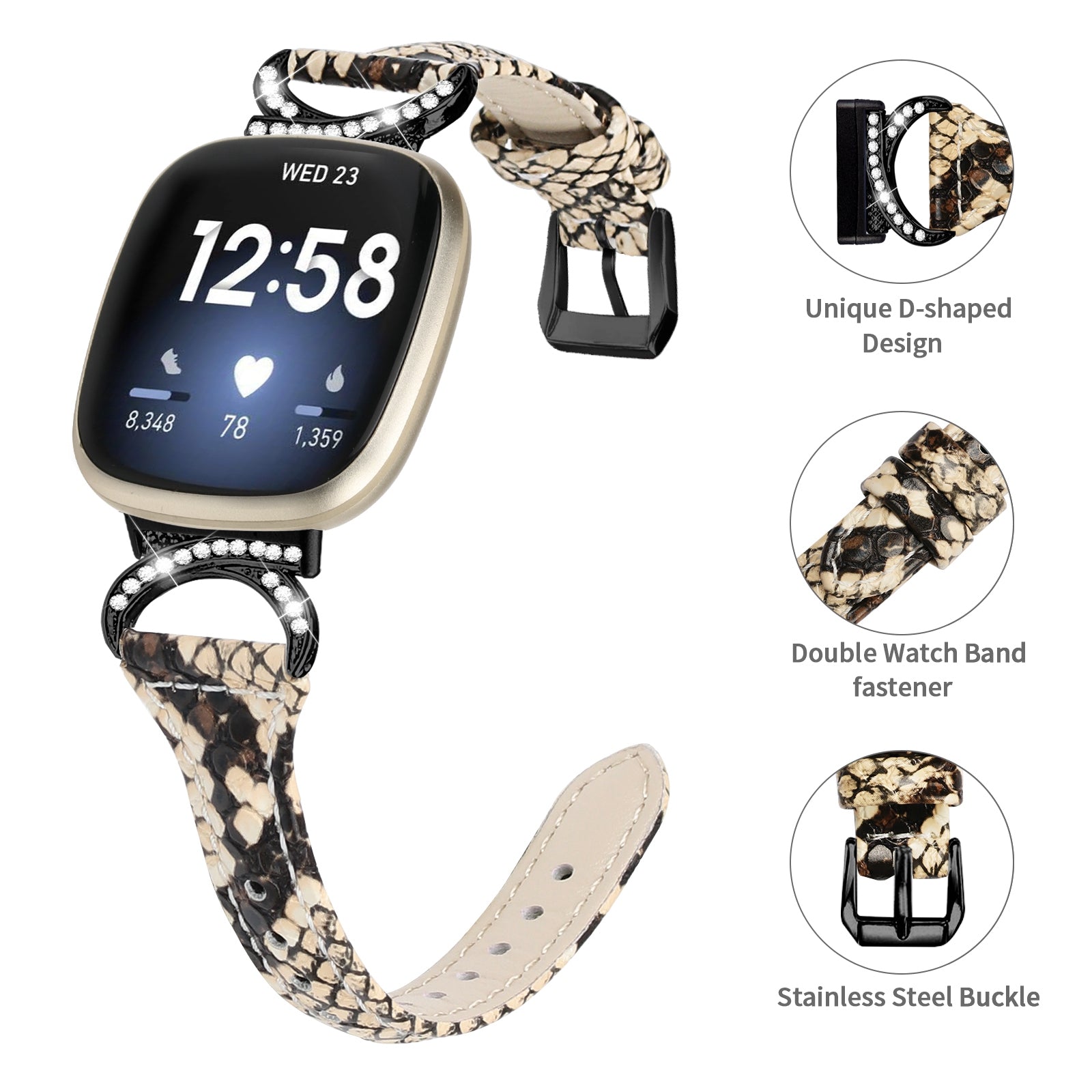 For Fitbit Versa 3 Versa 4 Sense Sense 2 Rhinestone Watch Strap Genuine Cowhide Leather Watch Band with Black Buckle