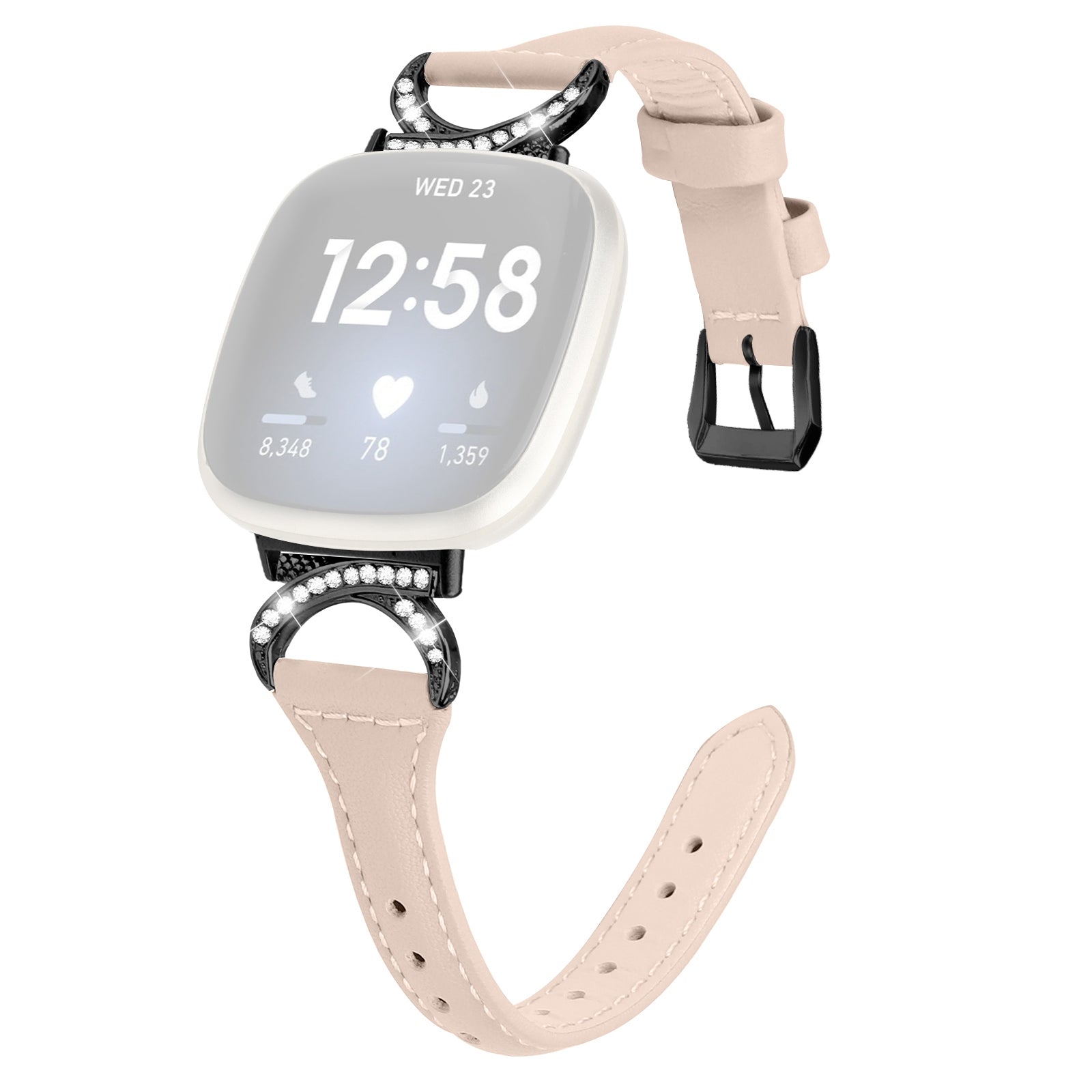 For Fitbit Versa 3 Versa 4 Sense Sense 2 Rhinestone Watch Strap Genuine Cowhide Leather Watch Band with Black Buckle