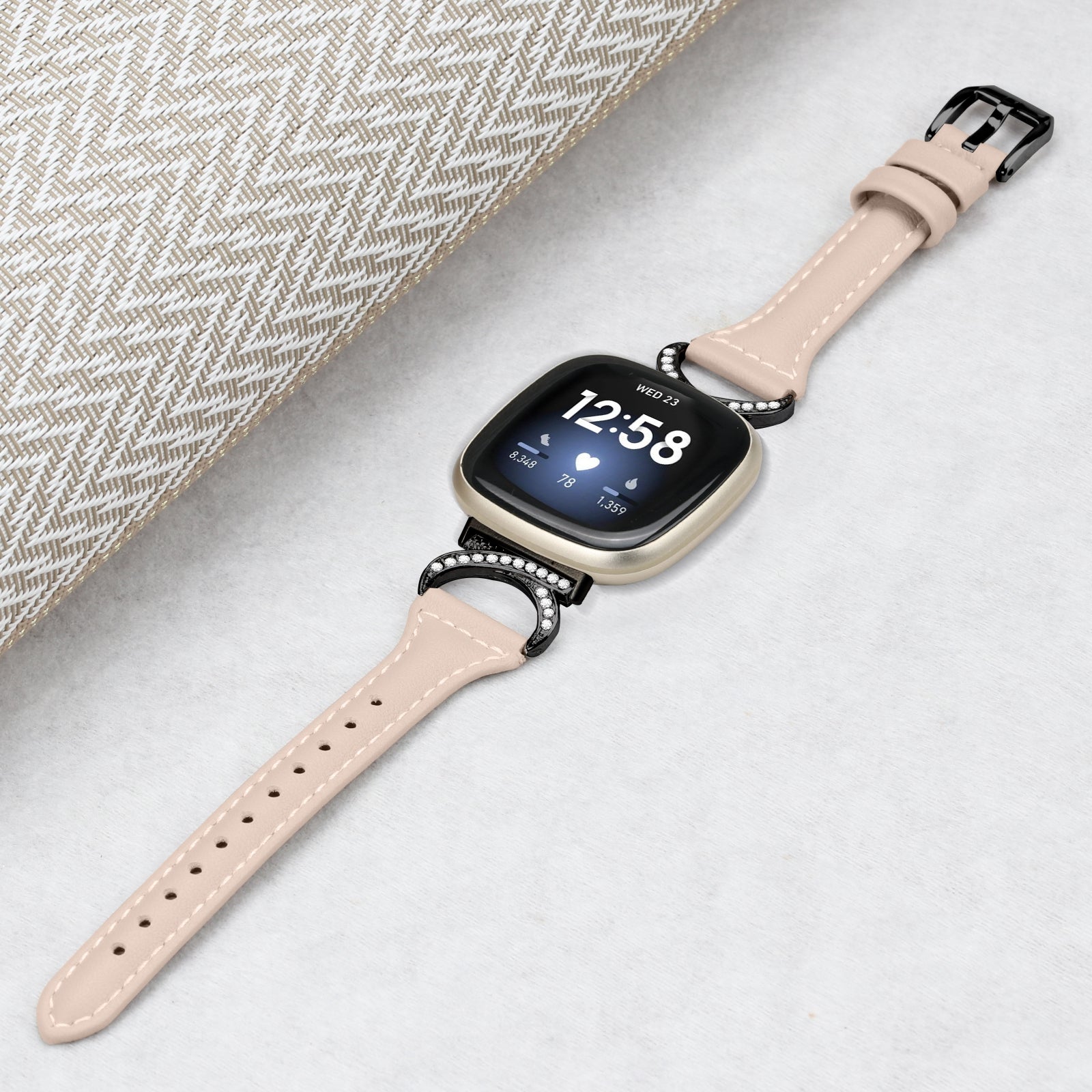 For Fitbit Versa 3 Versa 4 Sense Sense 2 Rhinestone Watch Strap Genuine Cowhide Leather Watch Band with Black Buckle
