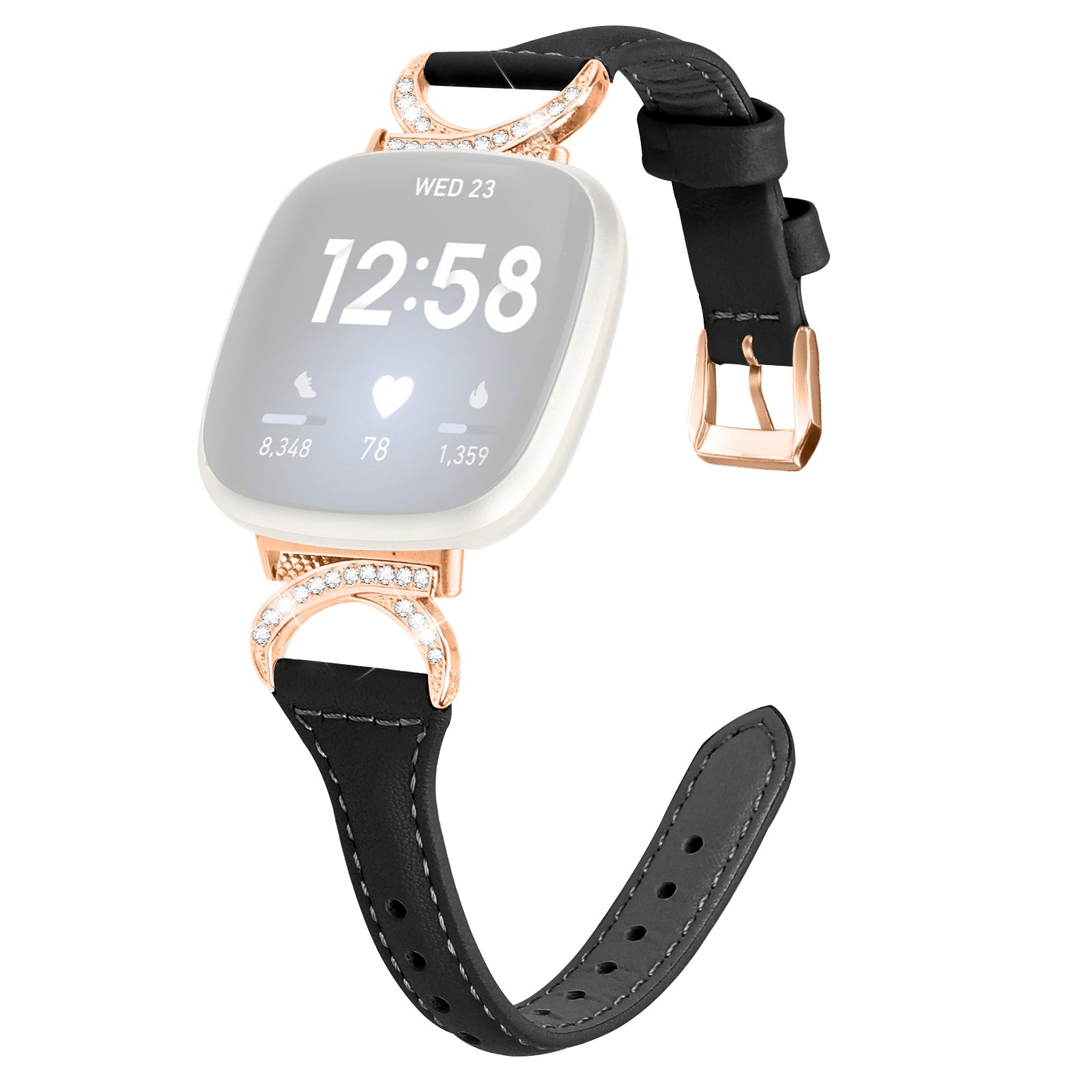 Genuine Cowhide Leather Watch Band for Fitbit Versa 3 Versa 4 Sense Sense 2 Rhinestone Decor Wristband Strap with Rose Gold Buckle