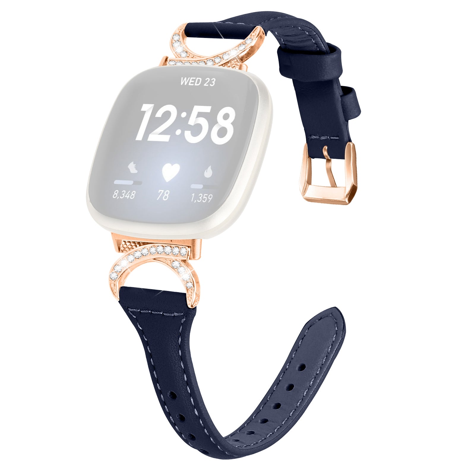 Genuine Cowhide Leather Watch Band for Fitbit Versa 3 Versa 4 Sense Sense 2 Rhinestone Decor Wristband Strap with Rose Gold Buckle