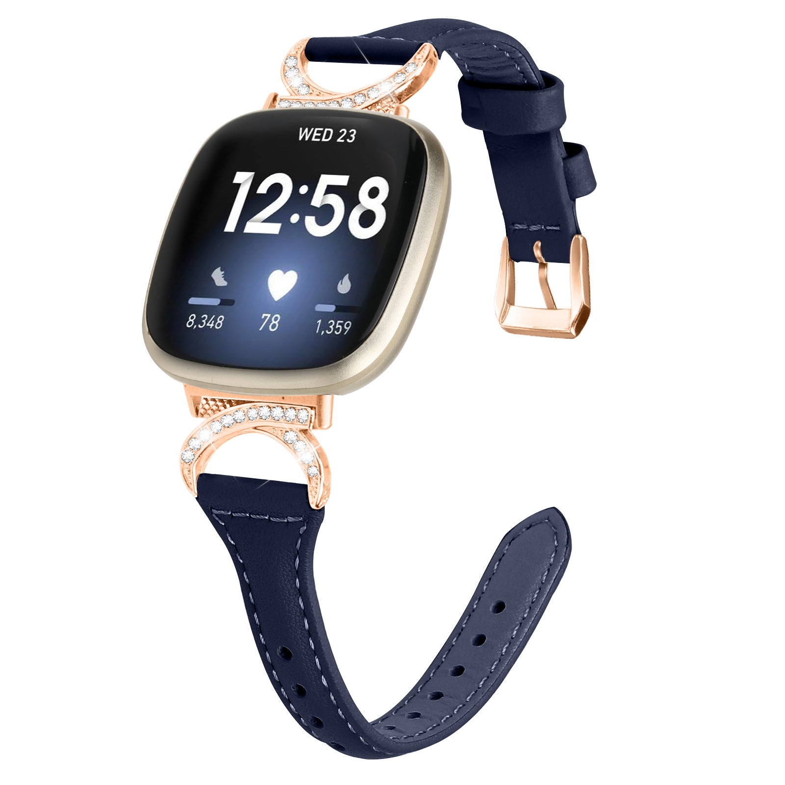 Genuine Cowhide Leather Watch Band for Fitbit Versa 3 Versa 4 Sense Sense 2 Rhinestone Decor Wristband Strap with Rose Gold Buckle