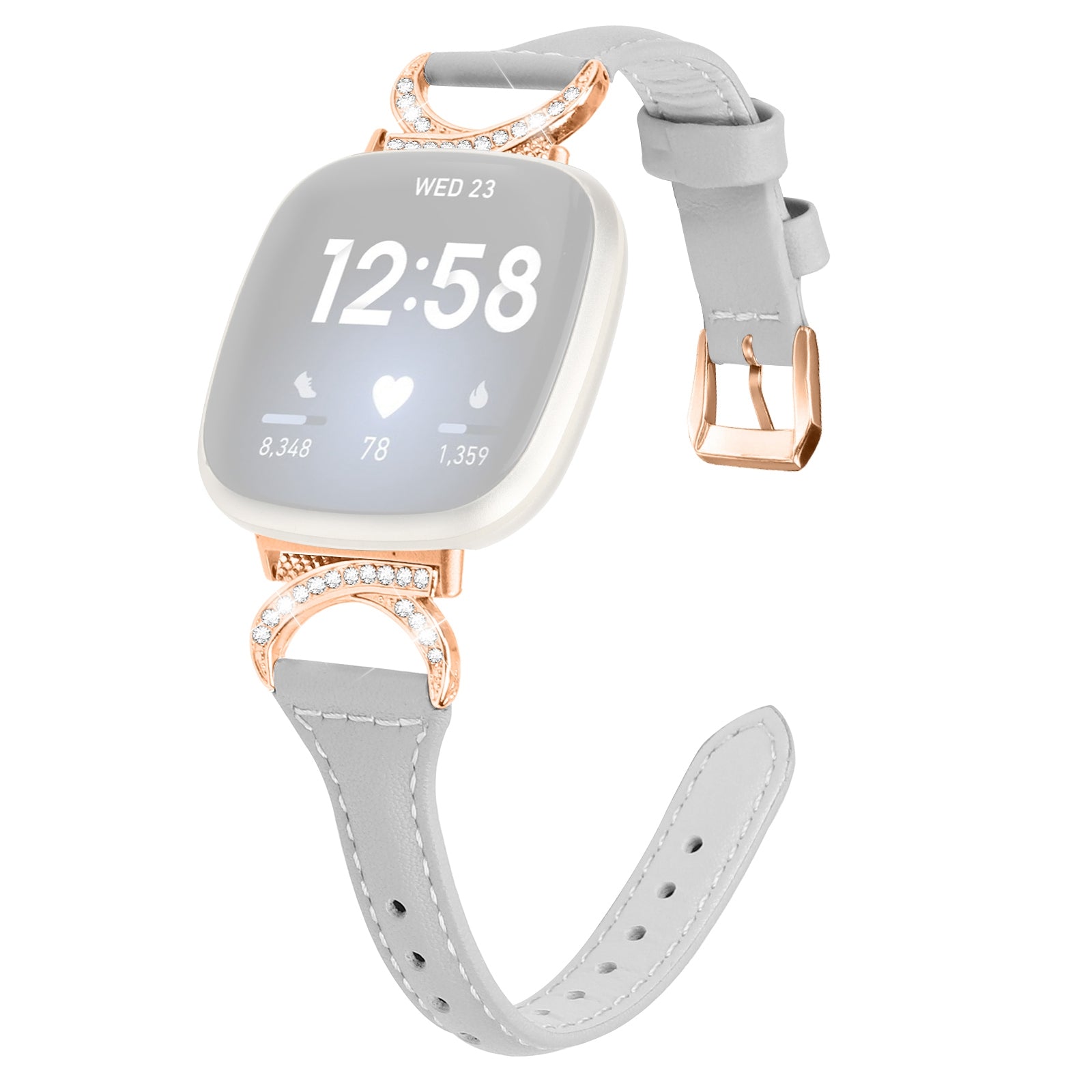 Genuine Cowhide Leather Watch Band for Fitbit Versa 3 Versa 4 Sense Sense 2 Rhinestone Decor Wristband Strap with Rose Gold Buckle