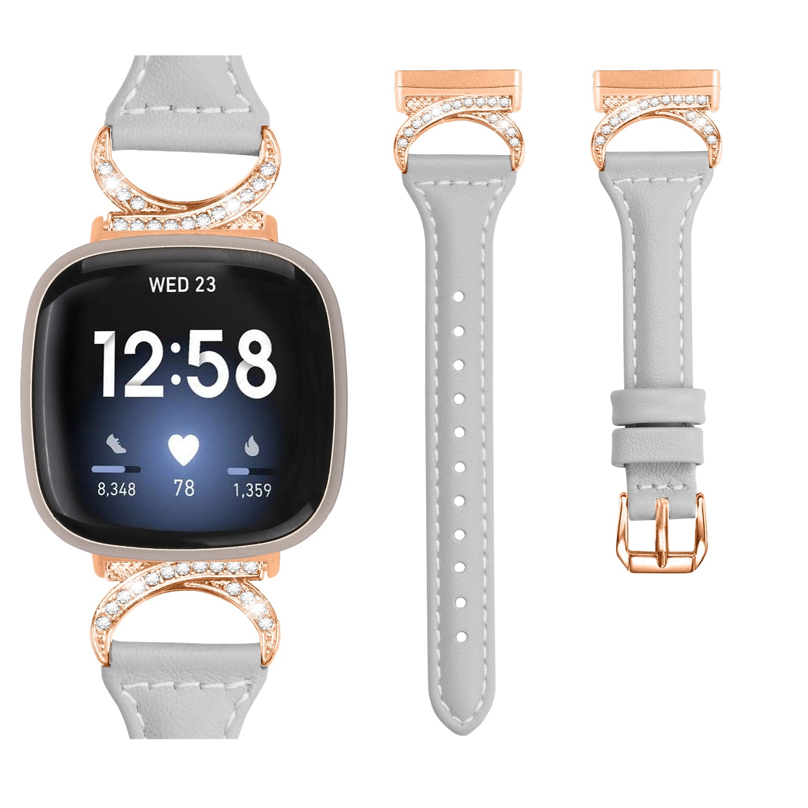 Genuine Cowhide Leather Watch Band for Fitbit Versa 3 Versa 4 Sense Sense 2 Rhinestone Decor Wristband Strap with Rose Gold Buckle