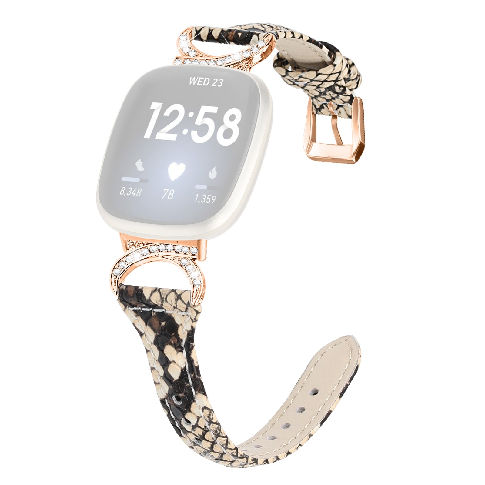 Genuine Cowhide Leather Watch Band for Fitbit Versa 3 Versa 4 Sense Sense 2 Rhinestone Decor Wristband Strap with Rose Gold Buckle