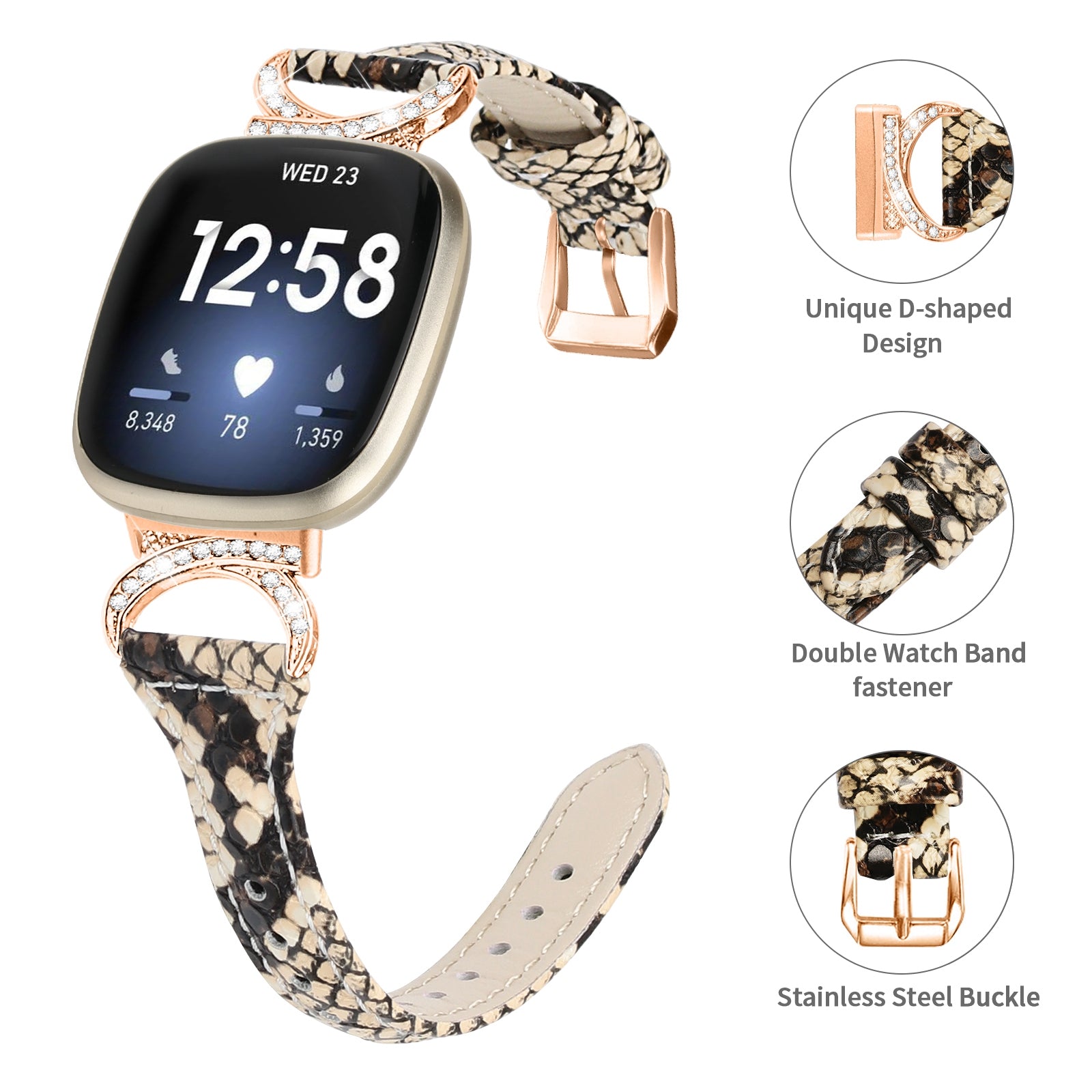 Genuine Cowhide Leather Watch Band for Fitbit Versa 3 Versa 4 Sense Sense 2 Rhinestone Decor Wristband Strap with Rose Gold Buckle