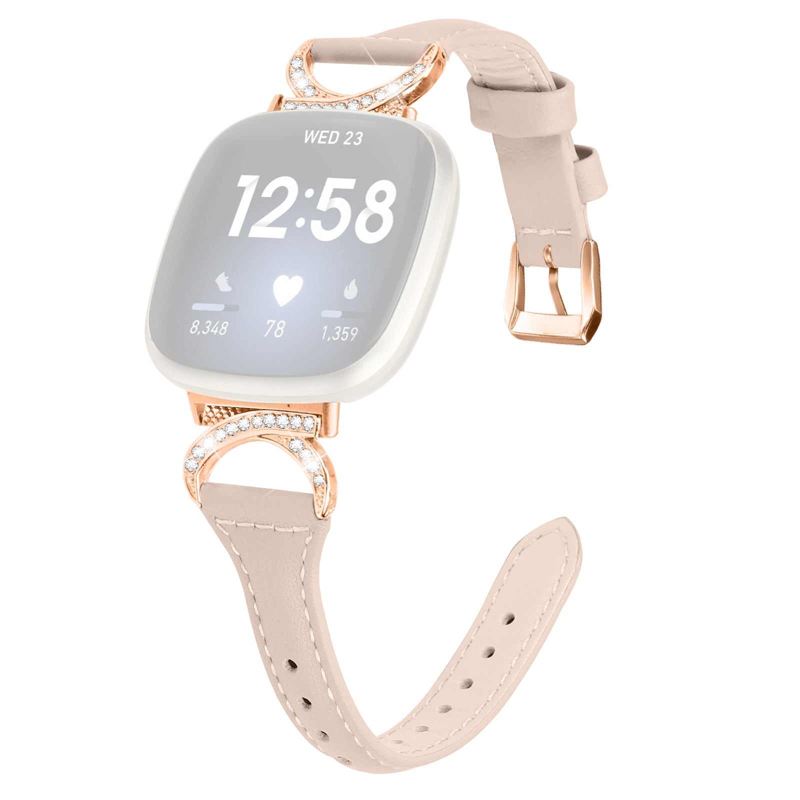 Genuine Cowhide Leather Watch Band for Fitbit Versa 3 Versa 4 Sense Sense 2 Rhinestone Decor Wristband Strap with Rose Gold Buckle