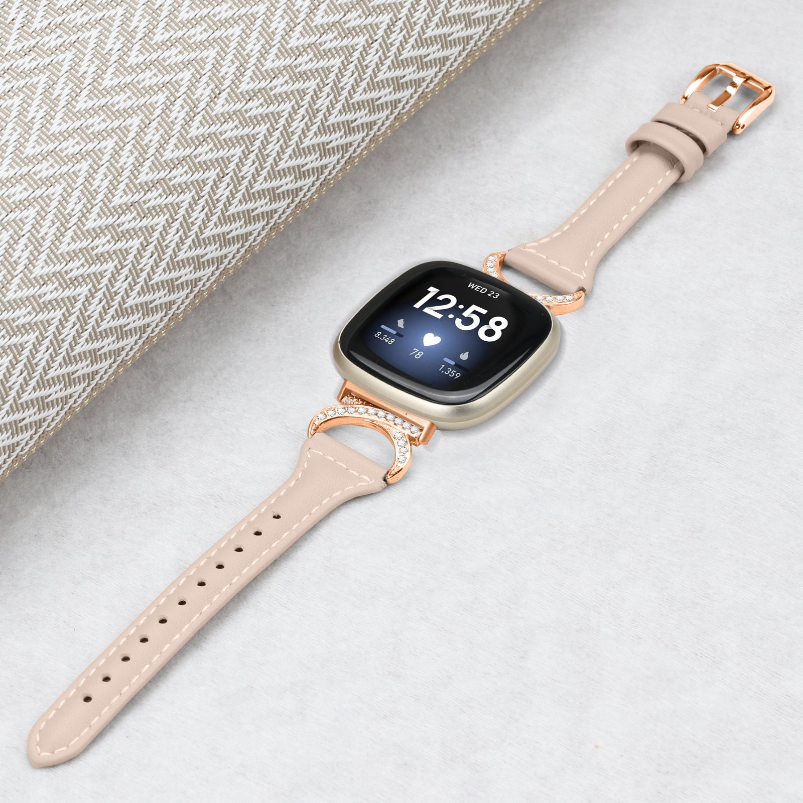 Genuine Cowhide Leather Watch Band for Fitbit Versa 3 Versa 4 Sense Sense 2 Rhinestone Decor Wristband Strap with Rose Gold Buckle