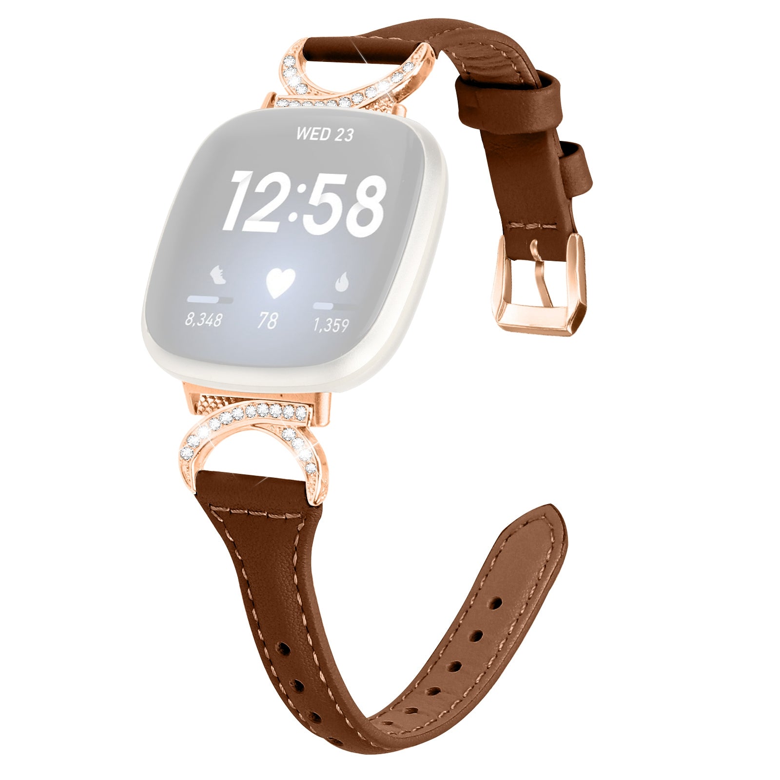 Genuine Cowhide Leather Watch Band for Fitbit Versa 3 Versa 4 Sense Sense 2 Rhinestone Decor Wristband Strap with Rose Gold Buckle