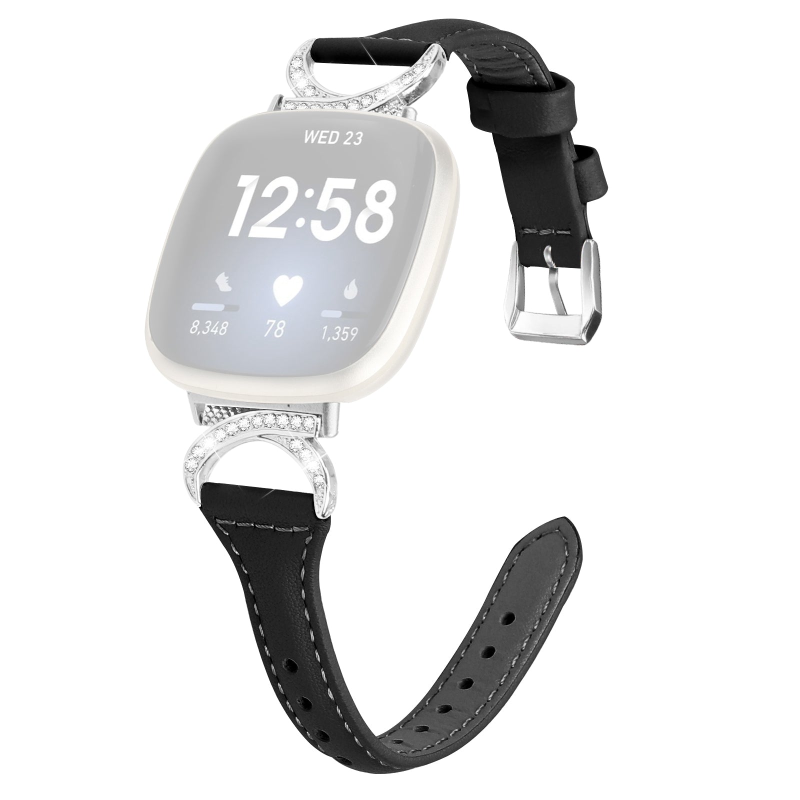 For Fitbit Versa 3 Versa 4 Sense Sense 2 Watch Band Rhinestone Genuine Cowhide Leather Strap with Silver Buckle