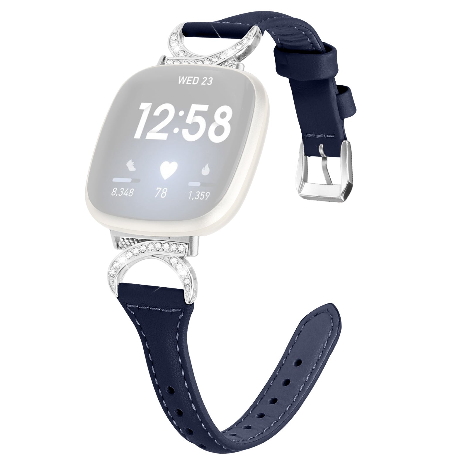 For Fitbit Versa 3 Versa 4 Sense Sense 2 Watch Band Rhinestone Genuine Cowhide Leather Strap with Silver Buckle