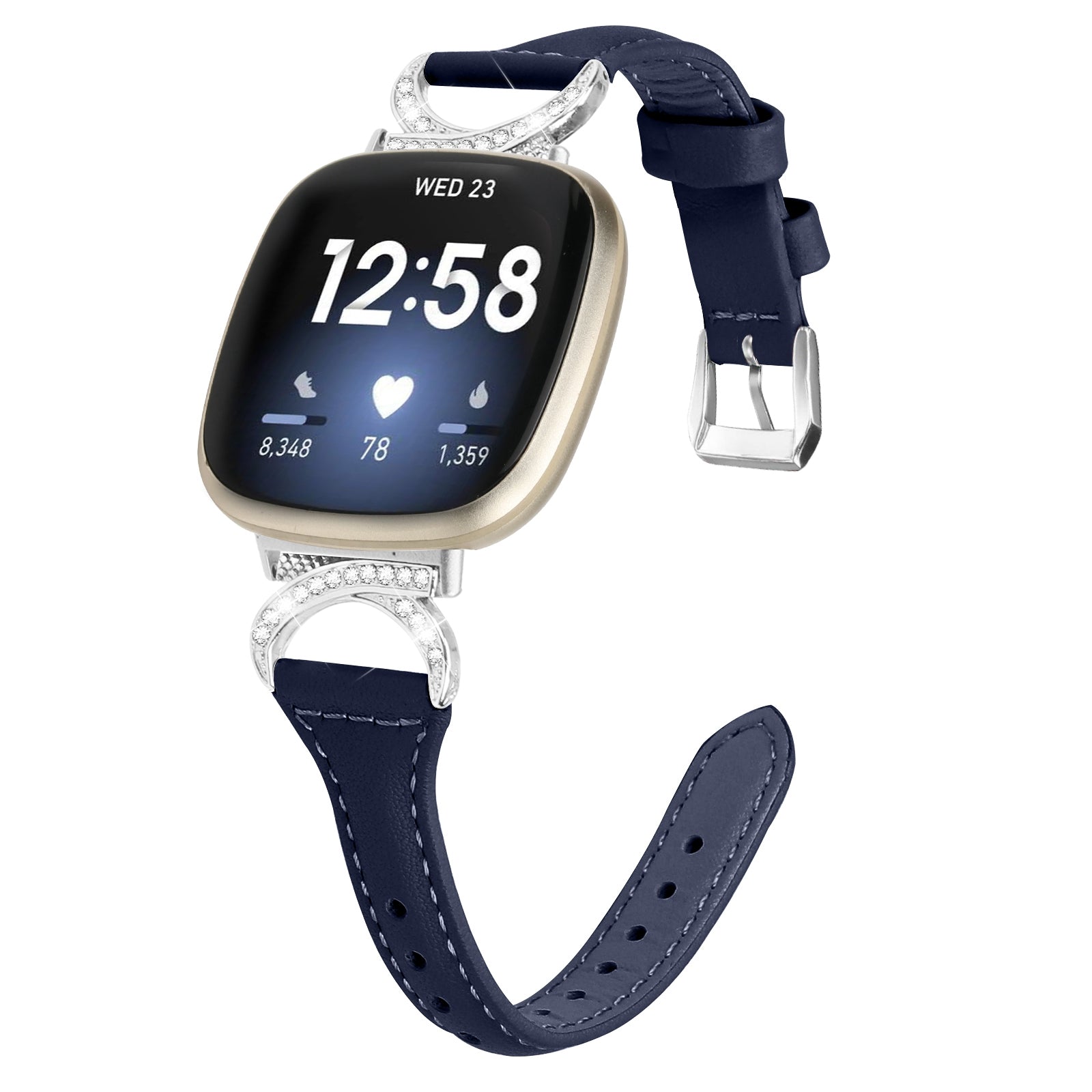 For Fitbit Versa 3 Versa 4 Sense Sense 2 Watch Band Rhinestone Genuine Cowhide Leather Strap with Silver Buckle