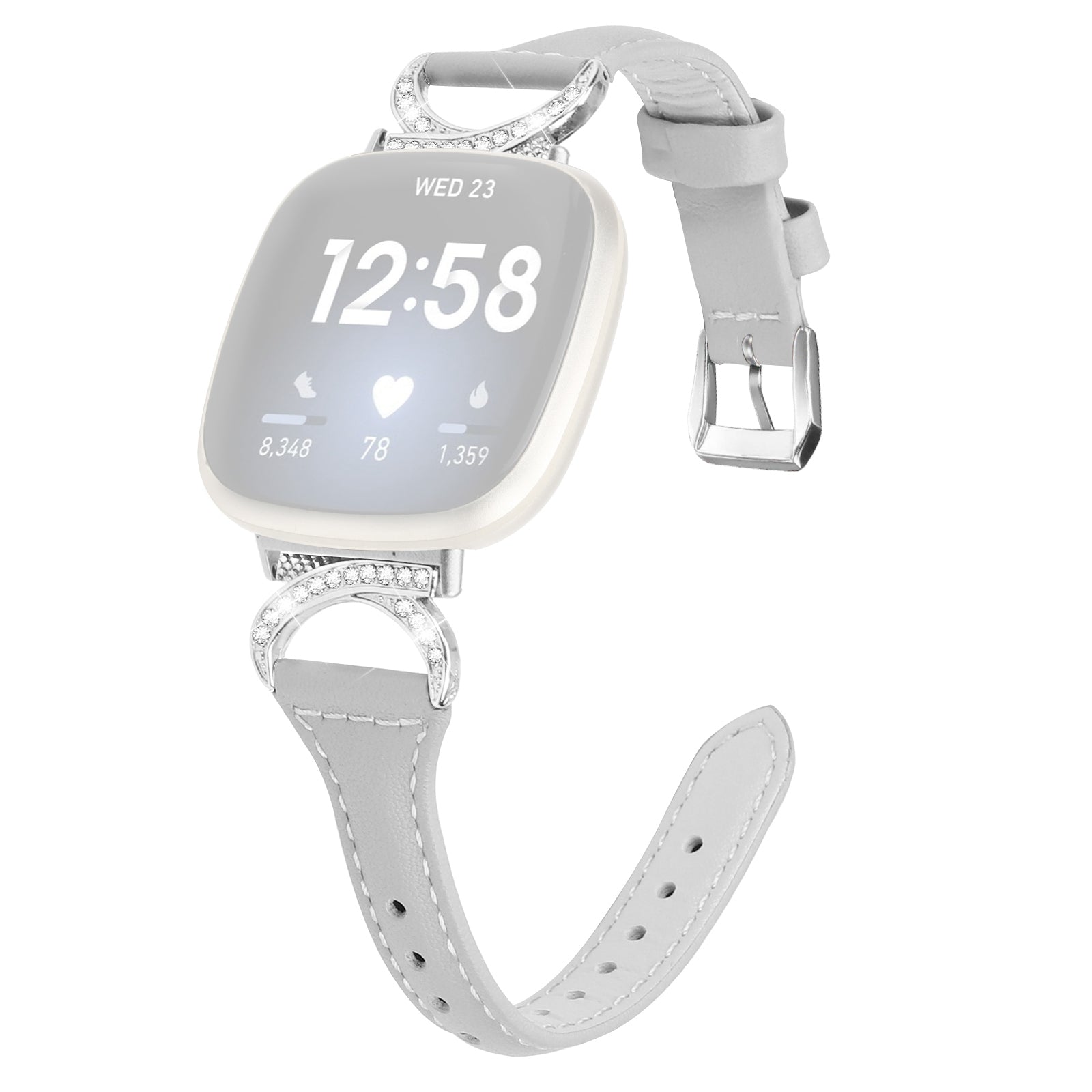 For Fitbit Versa 3 Versa 4 Sense Sense 2 Watch Band Rhinestone Genuine Cowhide Leather Strap with Silver Buckle